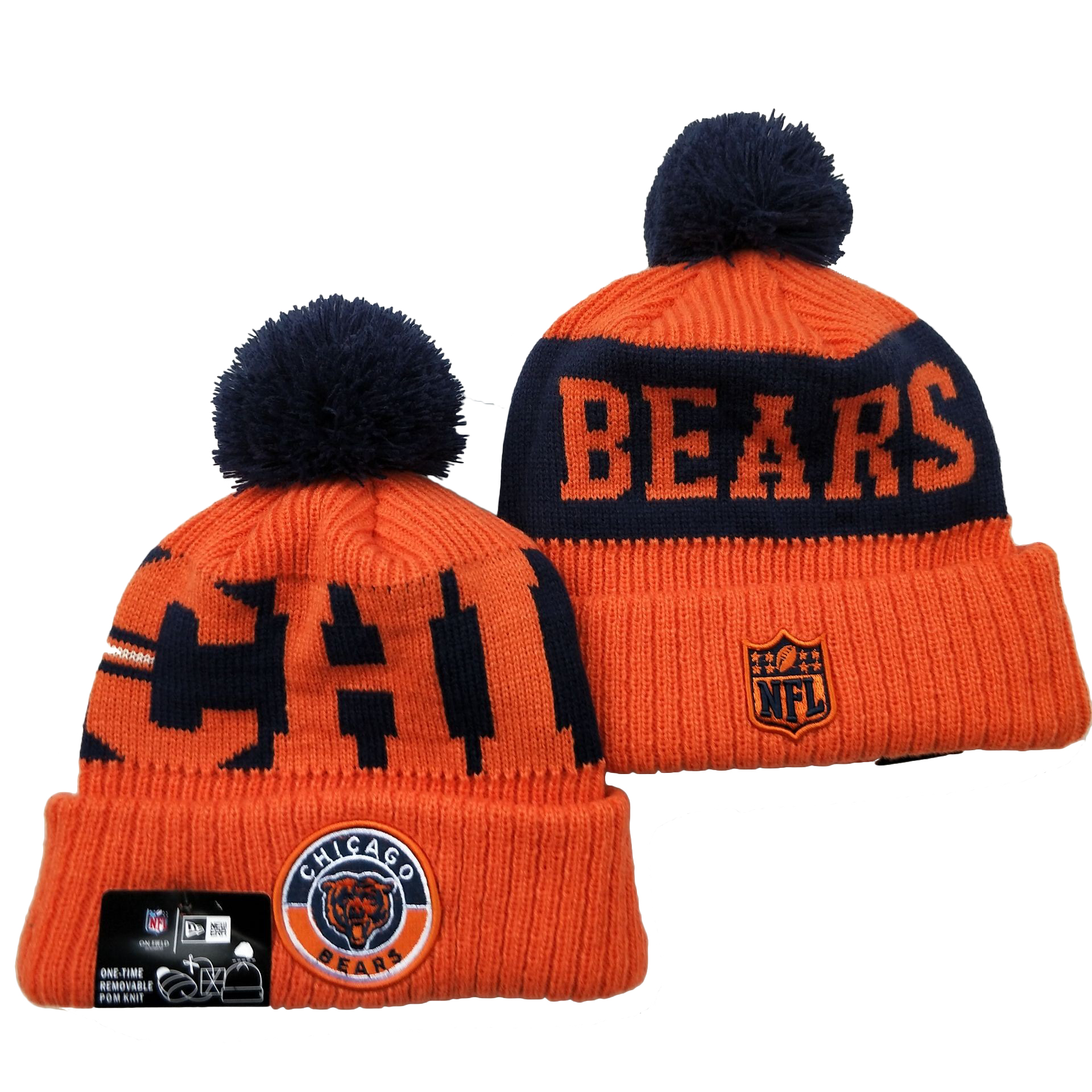 Bears Team Logo Orange 2020 NFL Sideline Pom Cuffed Knit Hat YD - Click Image to Close