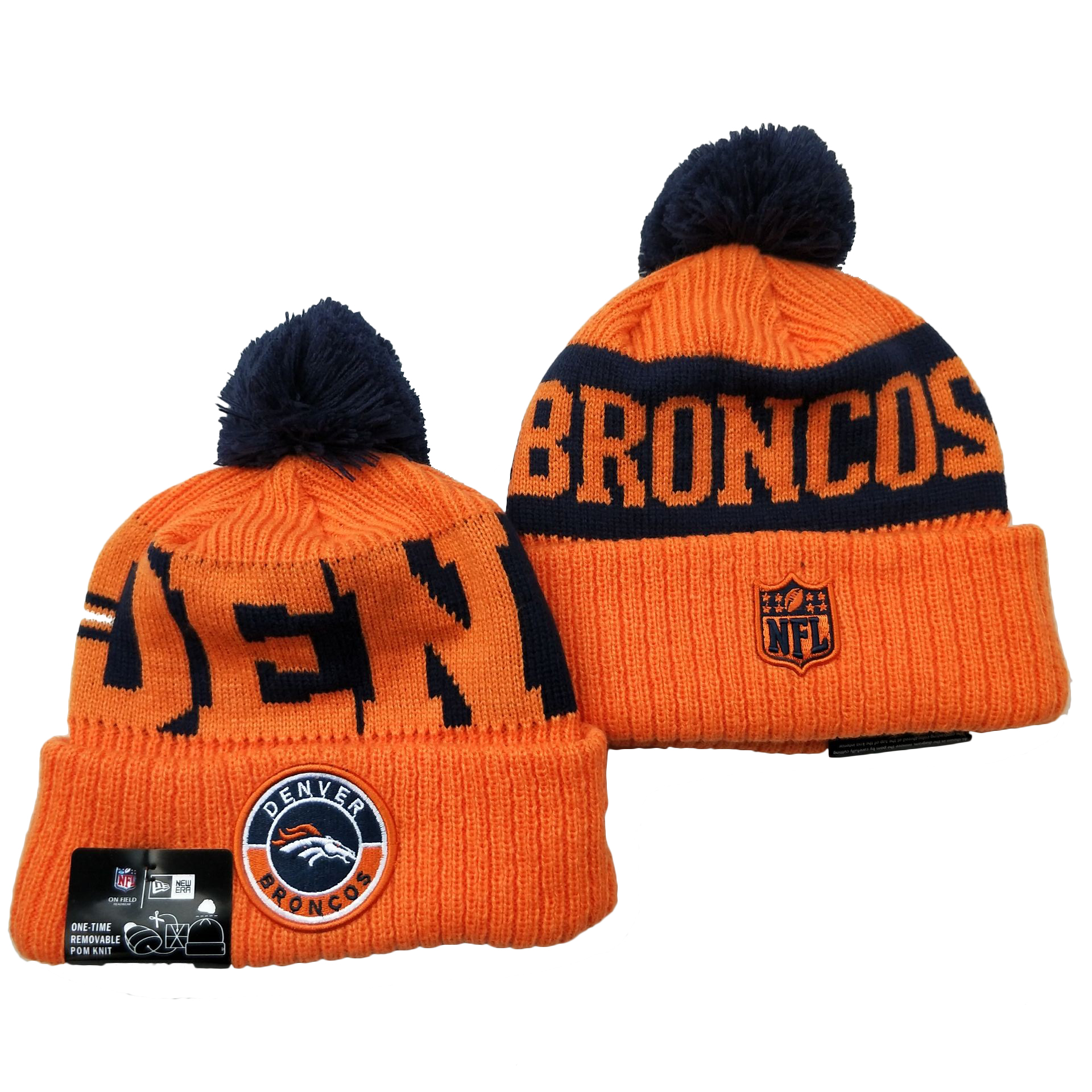Broncos Team Logo Orange 2020 NFL Sideline Pom Cuffed Knit Hat YD - Click Image to Close