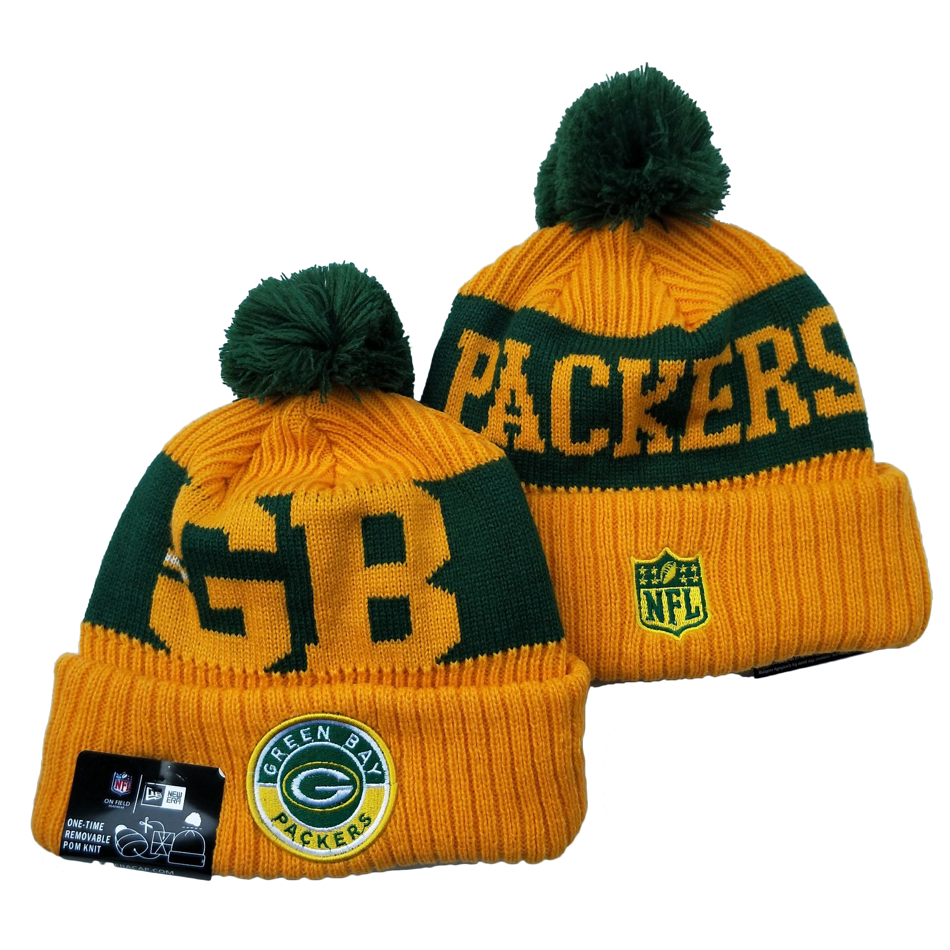 Packers Team Logo Yellow 2020 NFL Sideline Pom Cuffed Knit Hat YD - Click Image to Close