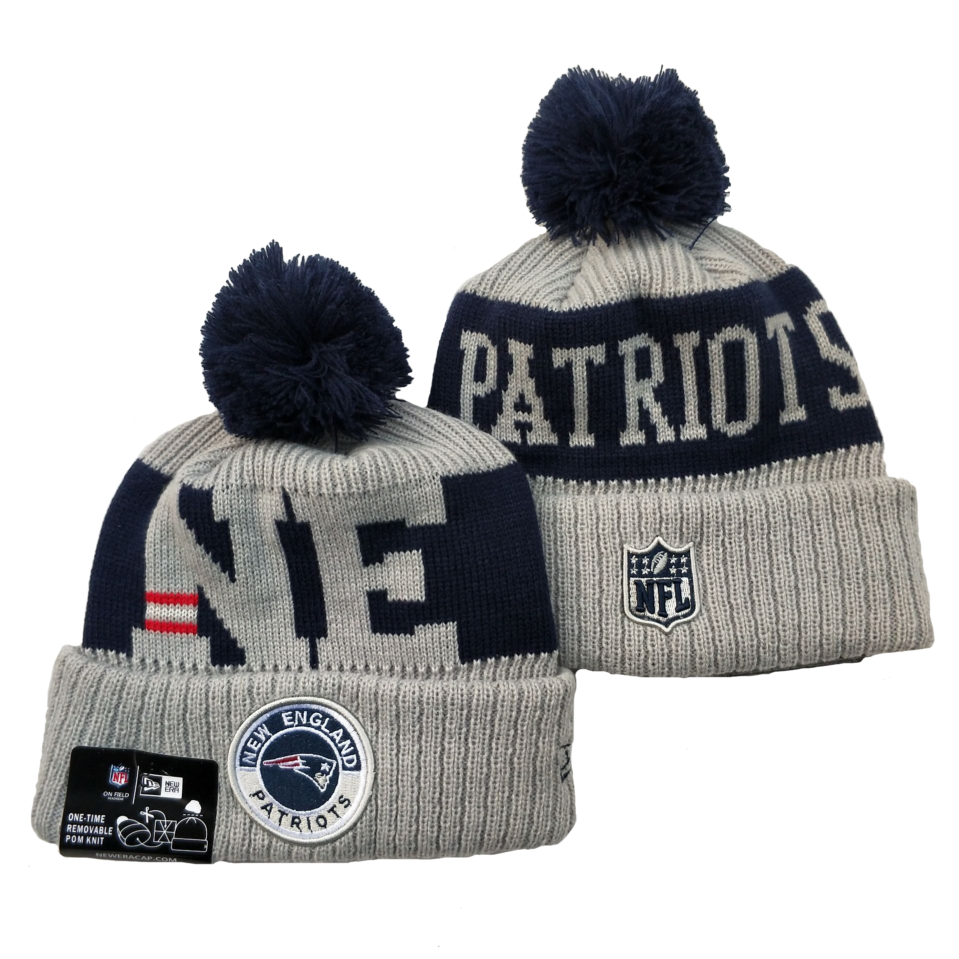 Patriots Team Logo Gray 2020 NFL Sideline Pom Cuffed Knit Hat YD - Click Image to Close