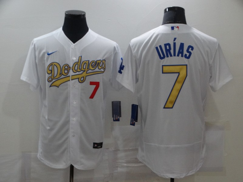 Dodgers 7 Julio Urias White Gold 2020 Nike Cool Base Jersey - Click Image to Close