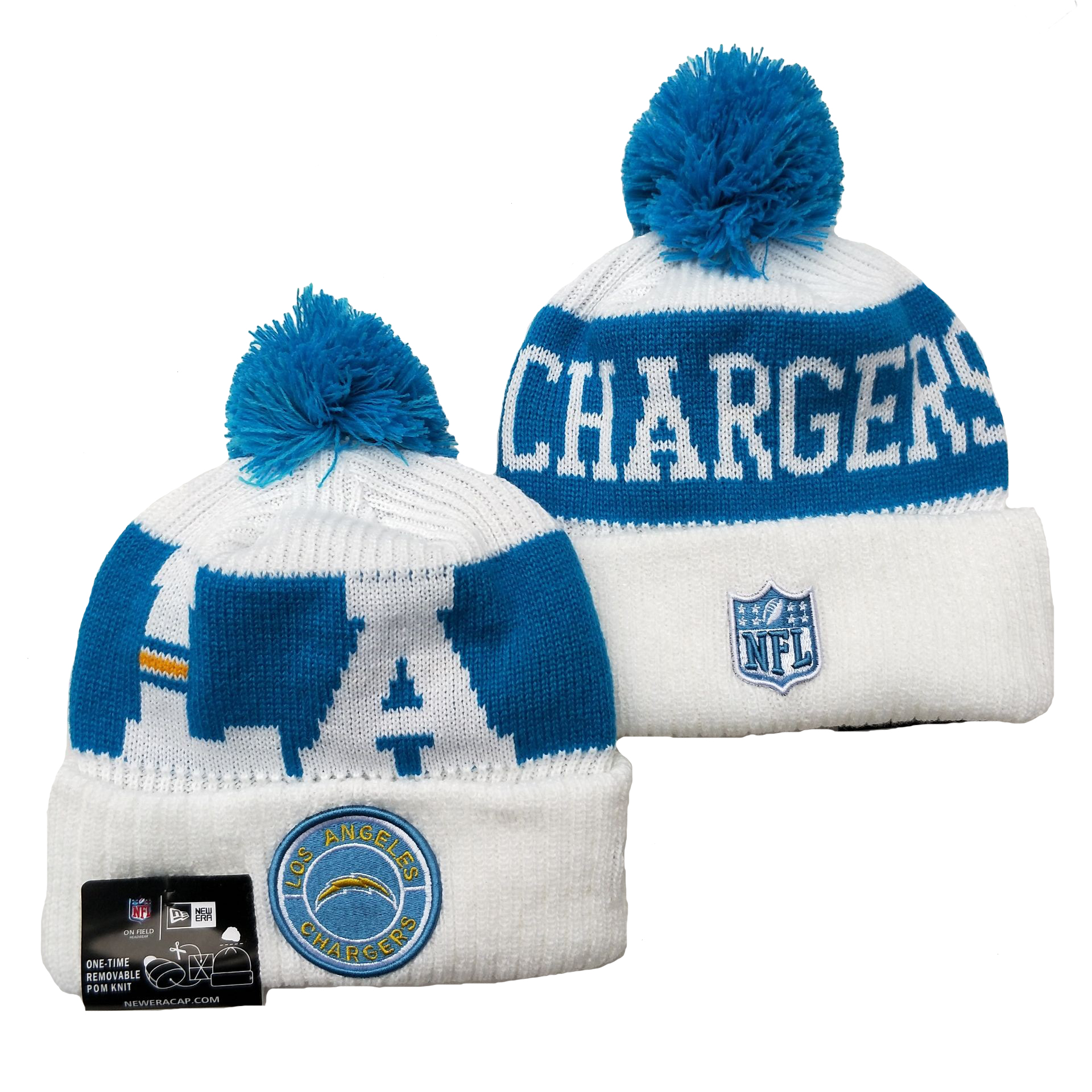 Chargers Team Logo White Blue 2020 NFL Sideline Pom Cuffed Knit Hat YD - Click Image to Close