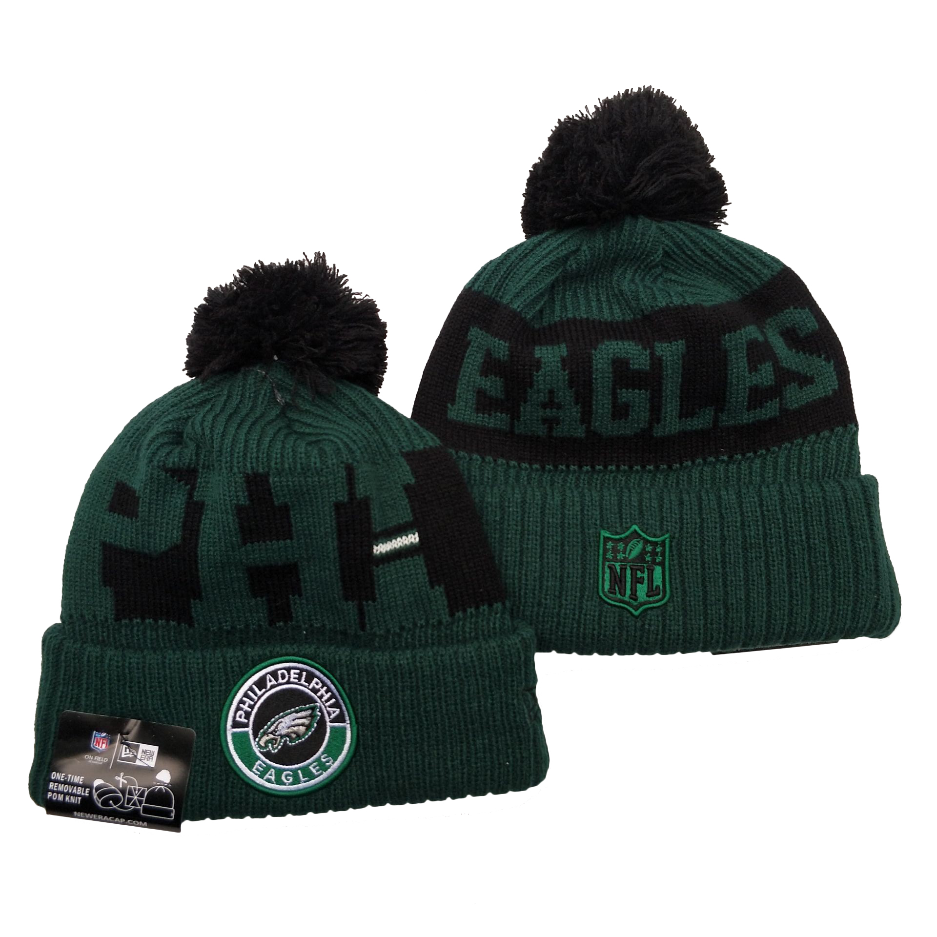 Eagles Team Logo Green 2020 NFL Sideline Pom Cuffed Knit Hat YD - Click Image to Close