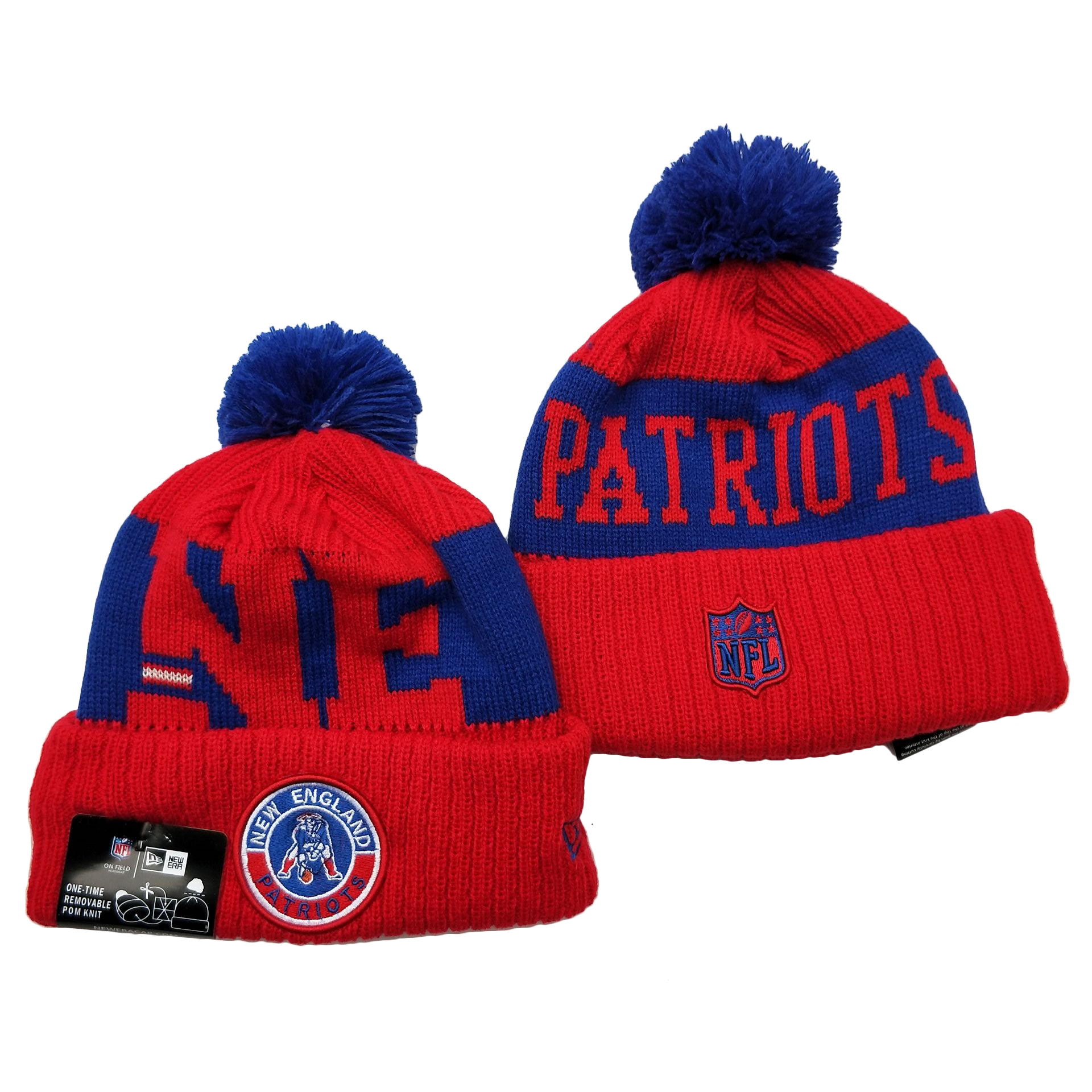 Patriots Team Logo Red 2020 NFL Sideline Pom Cuffed Knit Hat YD - Click Image to Close
