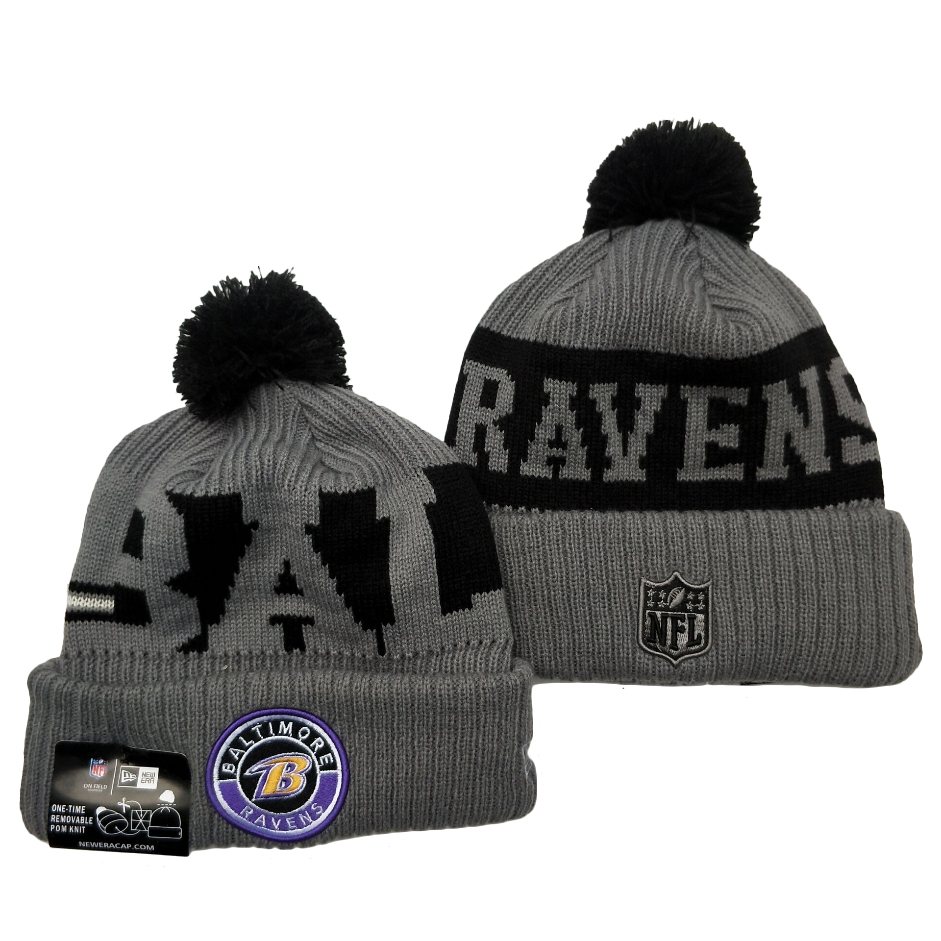 Ravens Team Logo Gray 2020 NFL Sideline Pom Cuffed Knit Hat YD