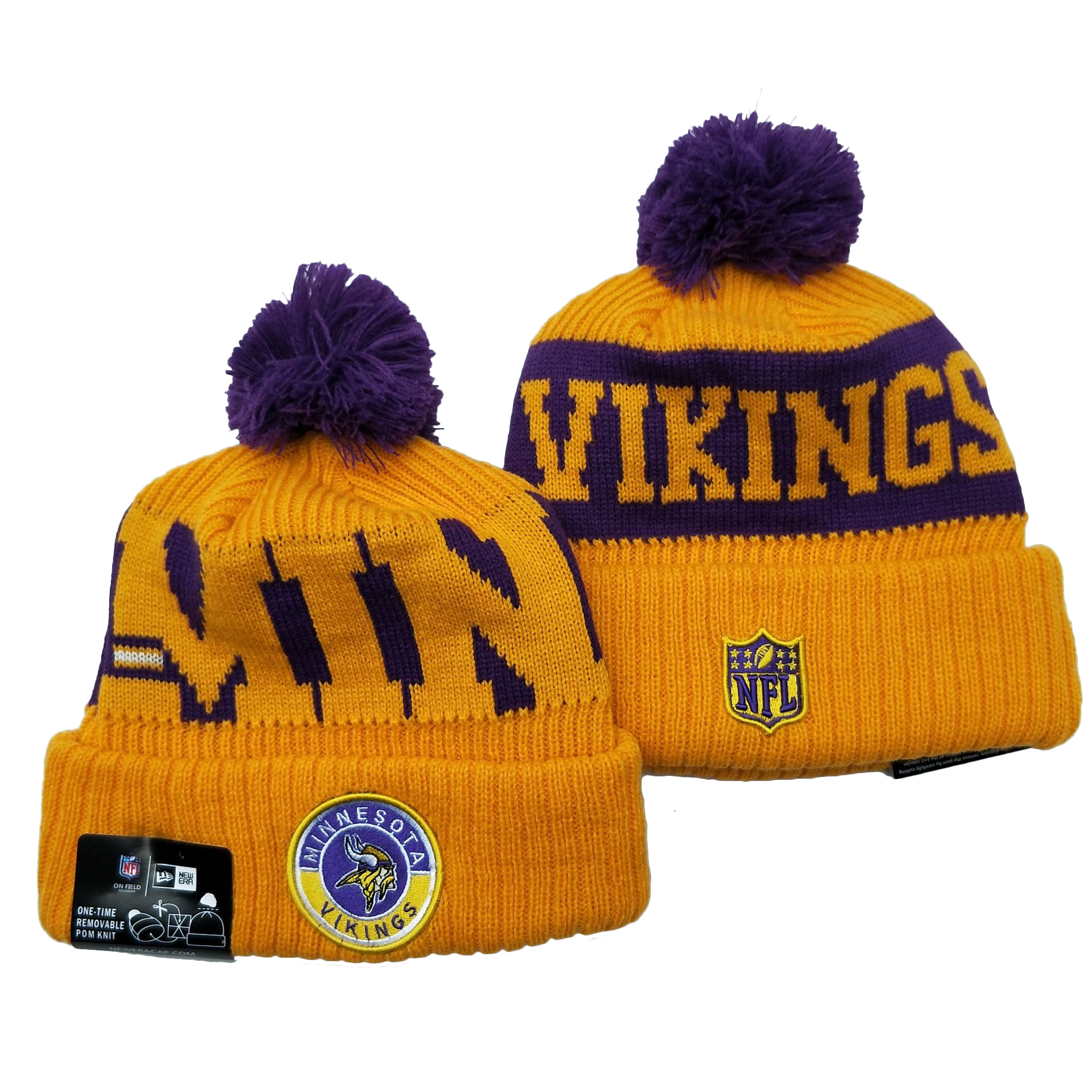 Vikings Team Logo Yellow 2020 NFL Sideline Pom Cuffed Knit Hat YD - Click Image to Close