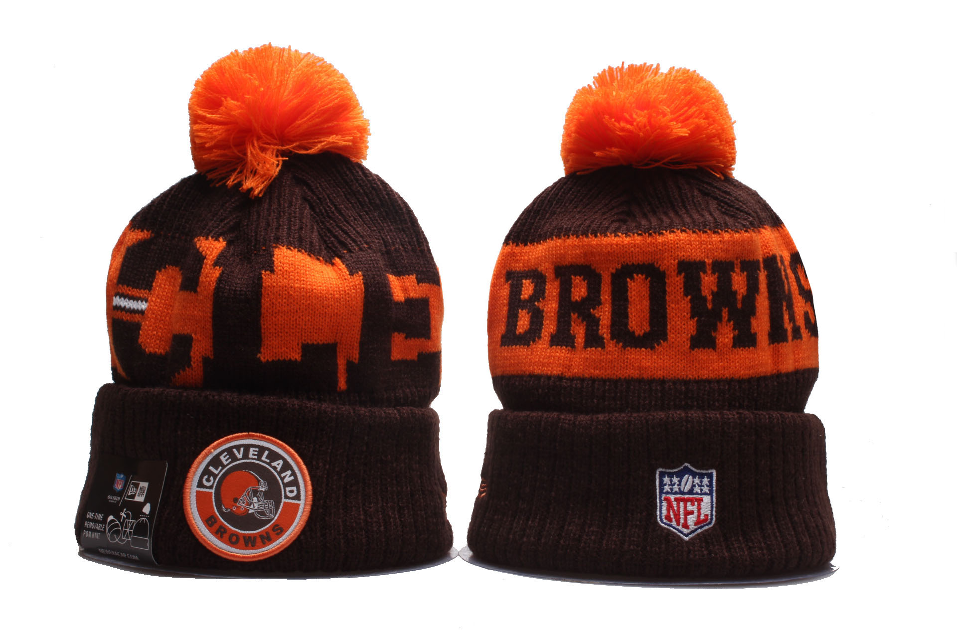 Browns Team Logo Brown 2020 NFL Sideline Pom Cuffed Knit Hat YP