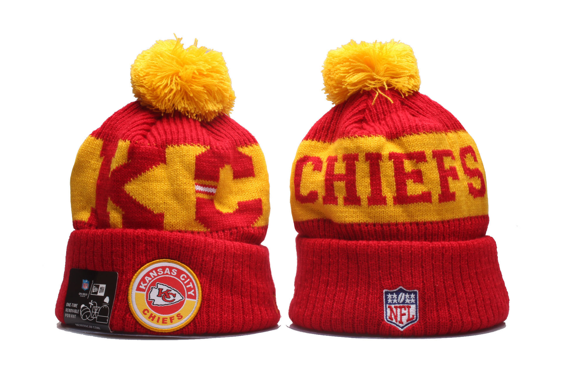 Chiefs Team Logo Red 2020 NFL Sideline Pom Cuffed Knit Hat YP - Click Image to Close