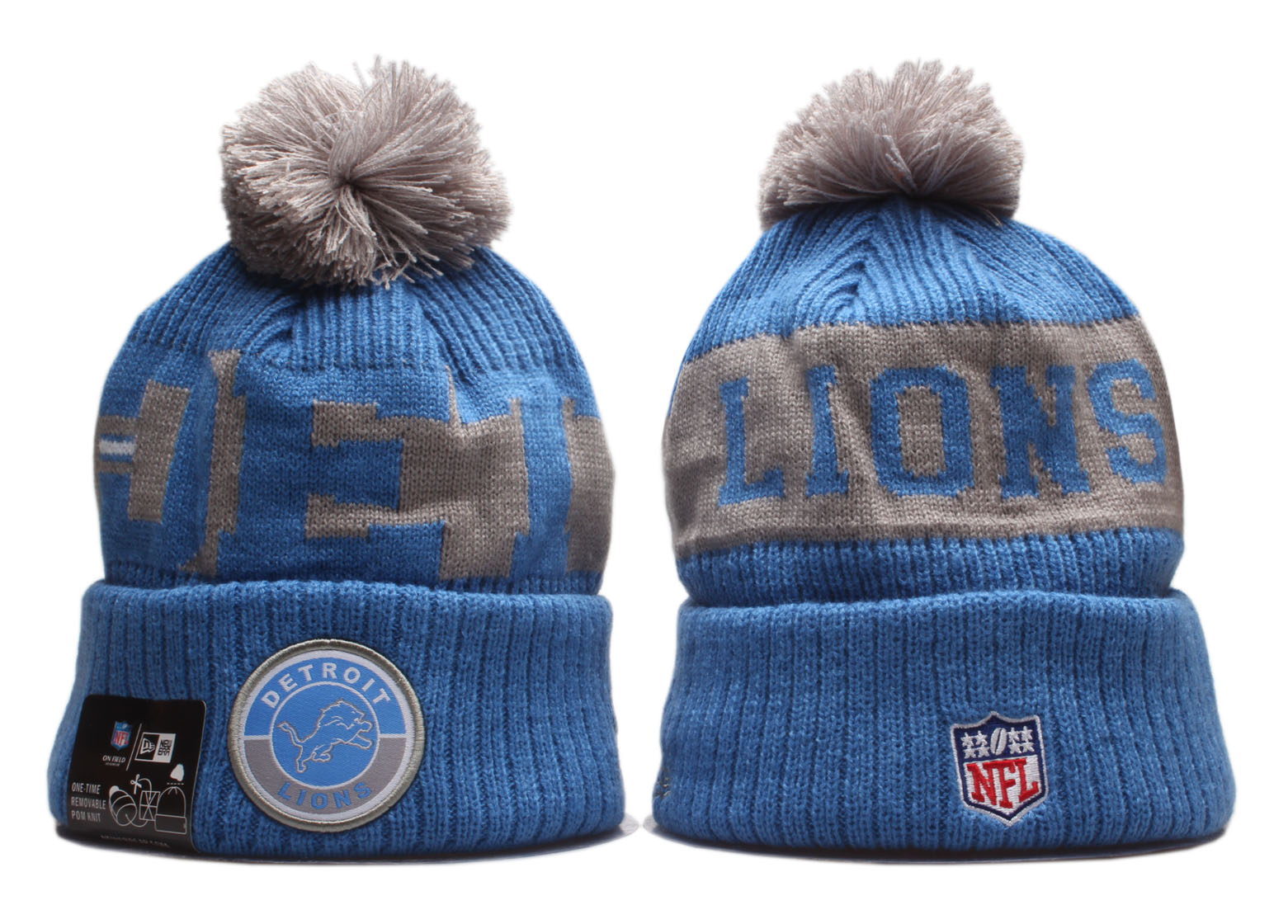 Lions Team Logo Blue 2020 NFL Sideline Pom Cuffed Knit Hat YP - Click Image to Close