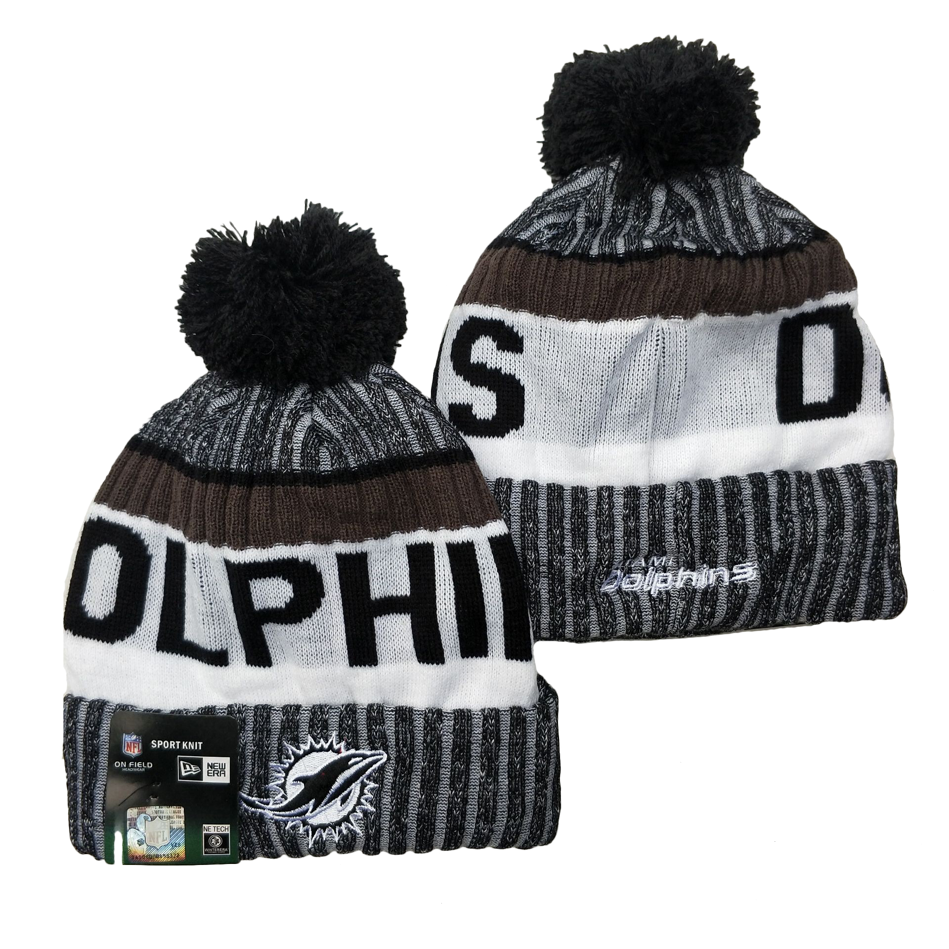 Dolphins Team Logo Gray Black White Pom Cuffed Knit Hat YD