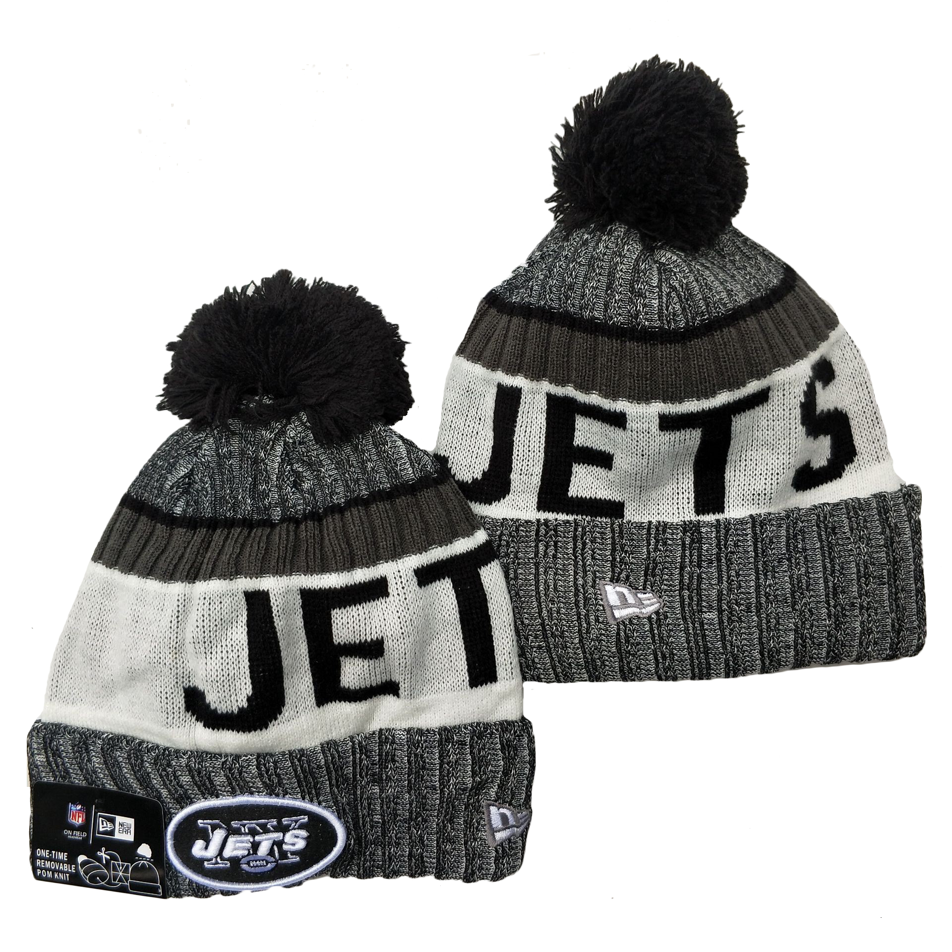 Jets Team Logo Gray Black White Pom Cuffed Knit Hat YD - Click Image to Close