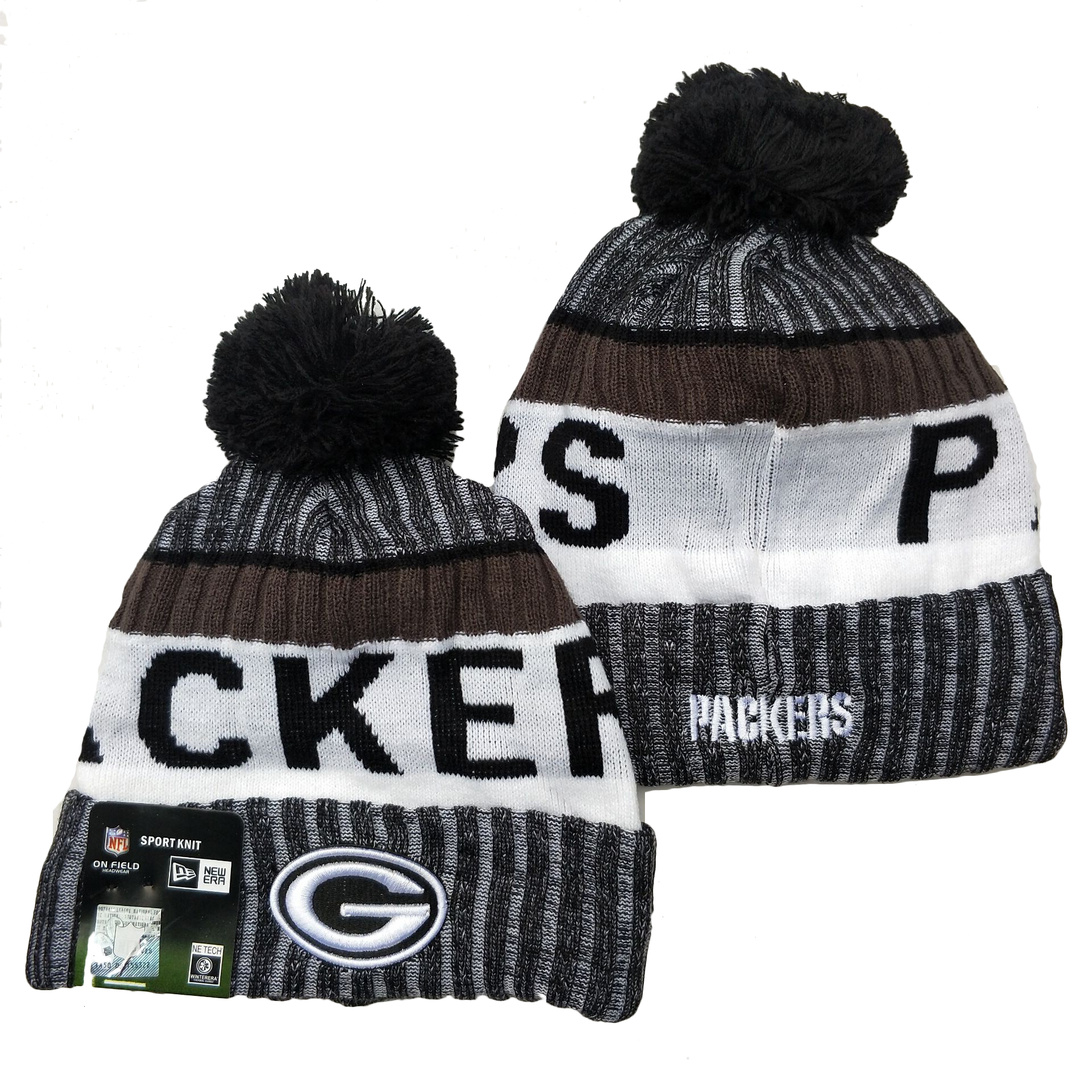 Packers Team Logo Gray Black White Pom Cuffed Knit Hat YD - Click Image to Close