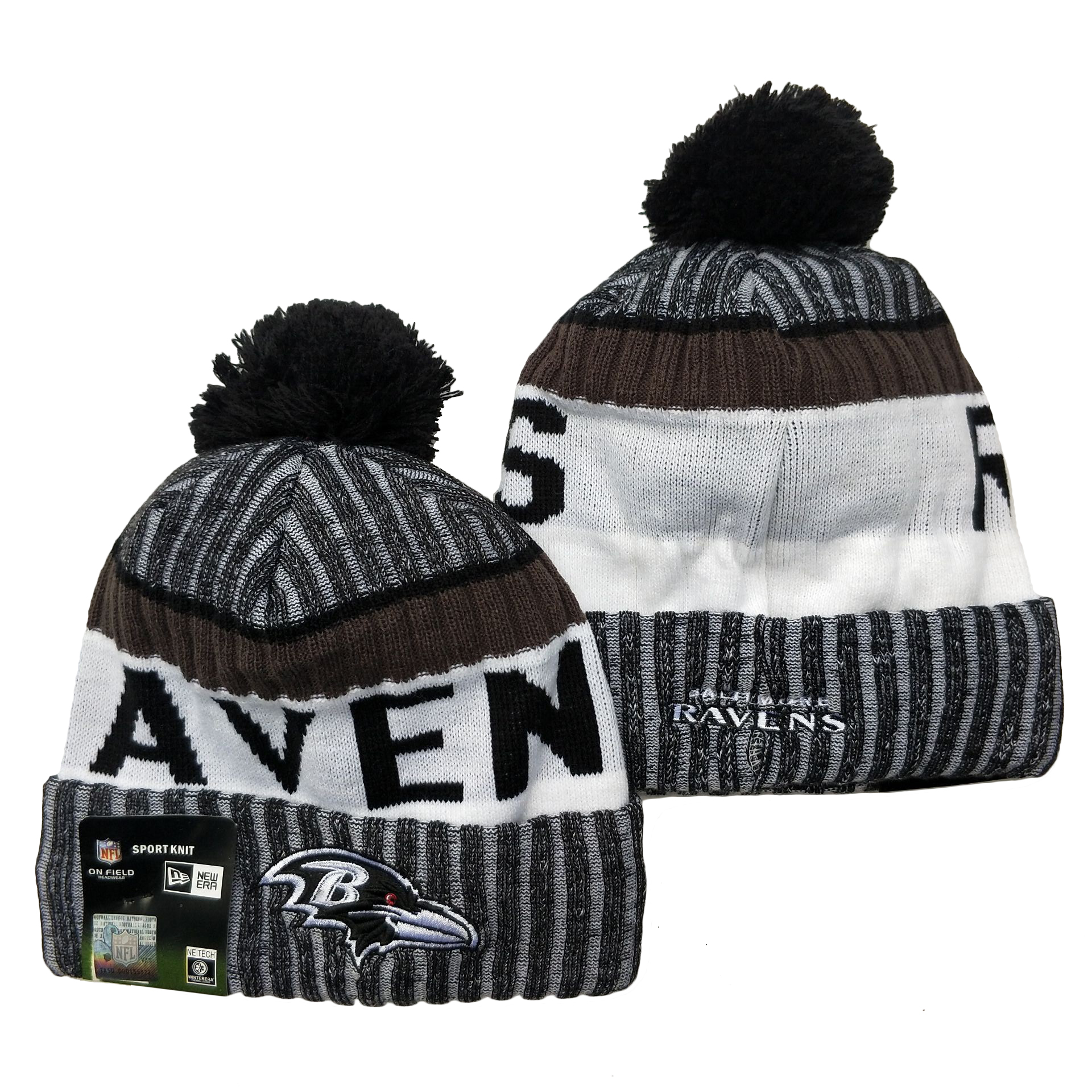 Ravens Team Logo Gray Black White Pom Cuffed Knit Hat YD