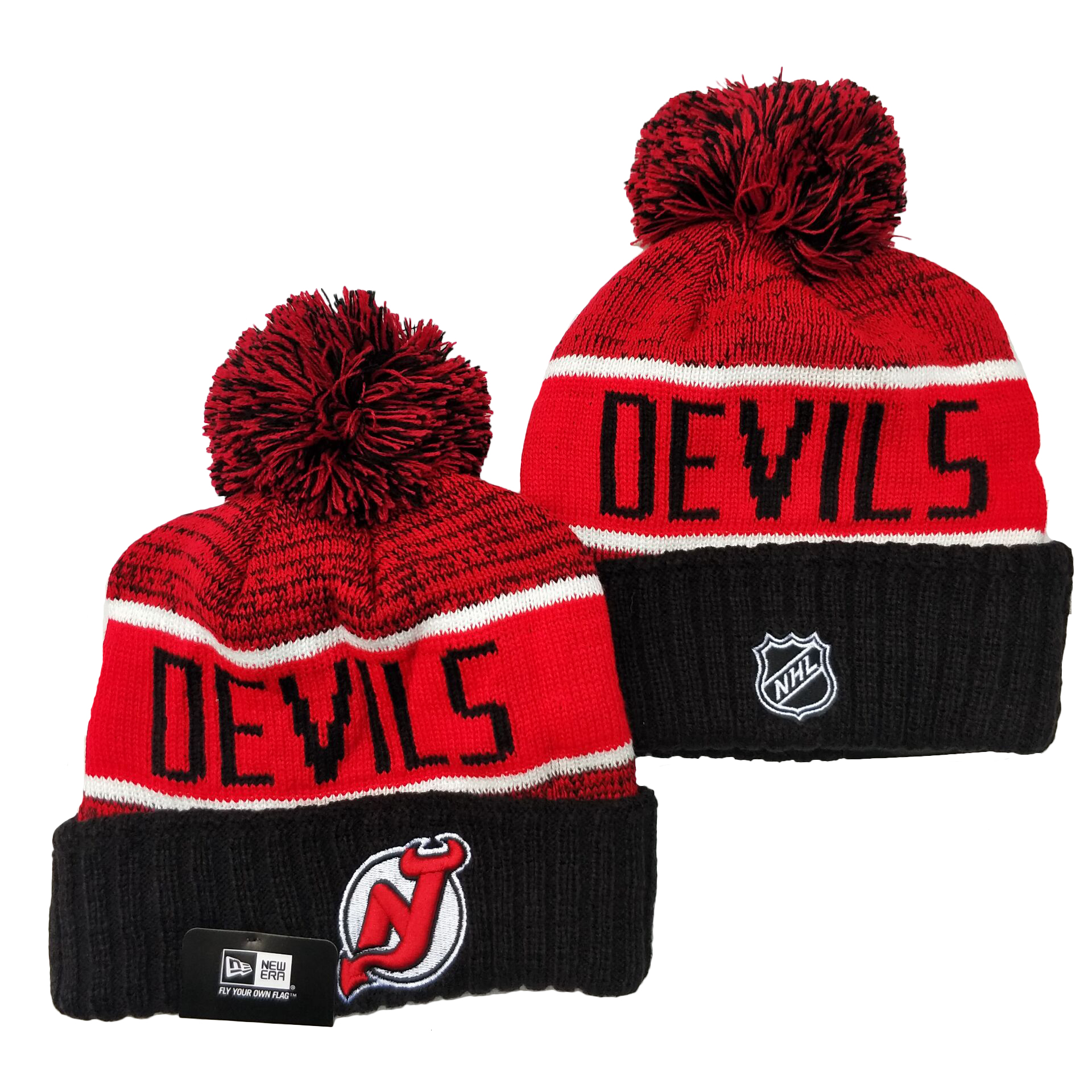 New Jersey Devils Team Logo Red Black Pom Cuffed Knit Hat YD