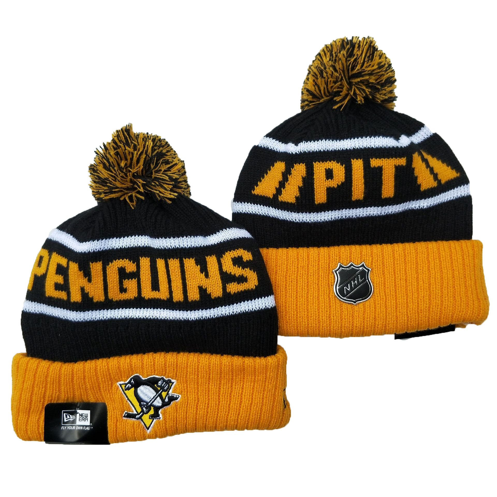 Penguins Team Logo Yellow Black Pom Cuffed Knit Hat YD