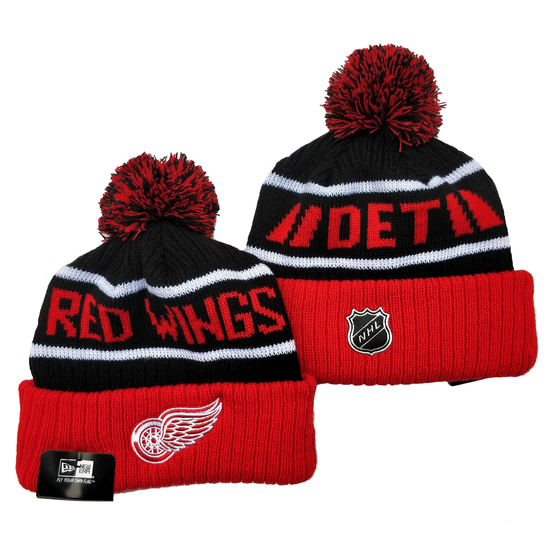 Red Wings Team Logo Red Black Pom Cuffed Knit Hat YD