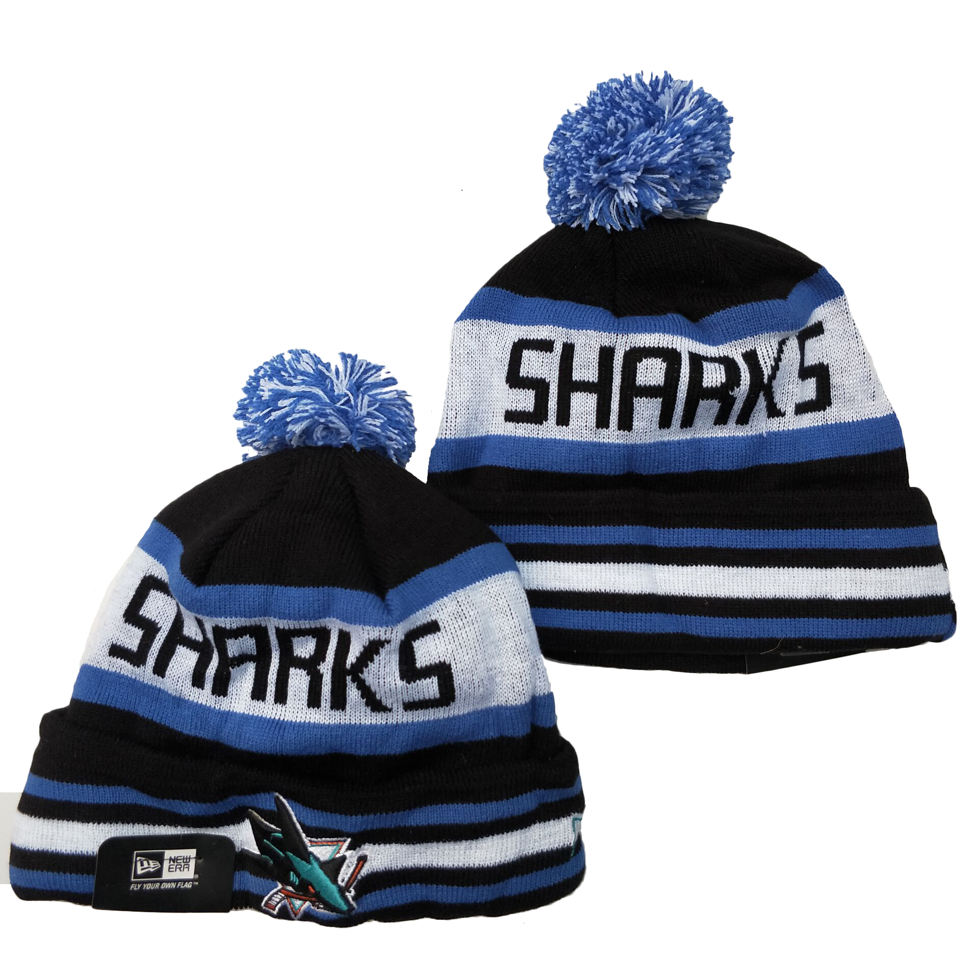 Sharks Team Logo Black Blue White Pom Cuffed Knit Hat YD