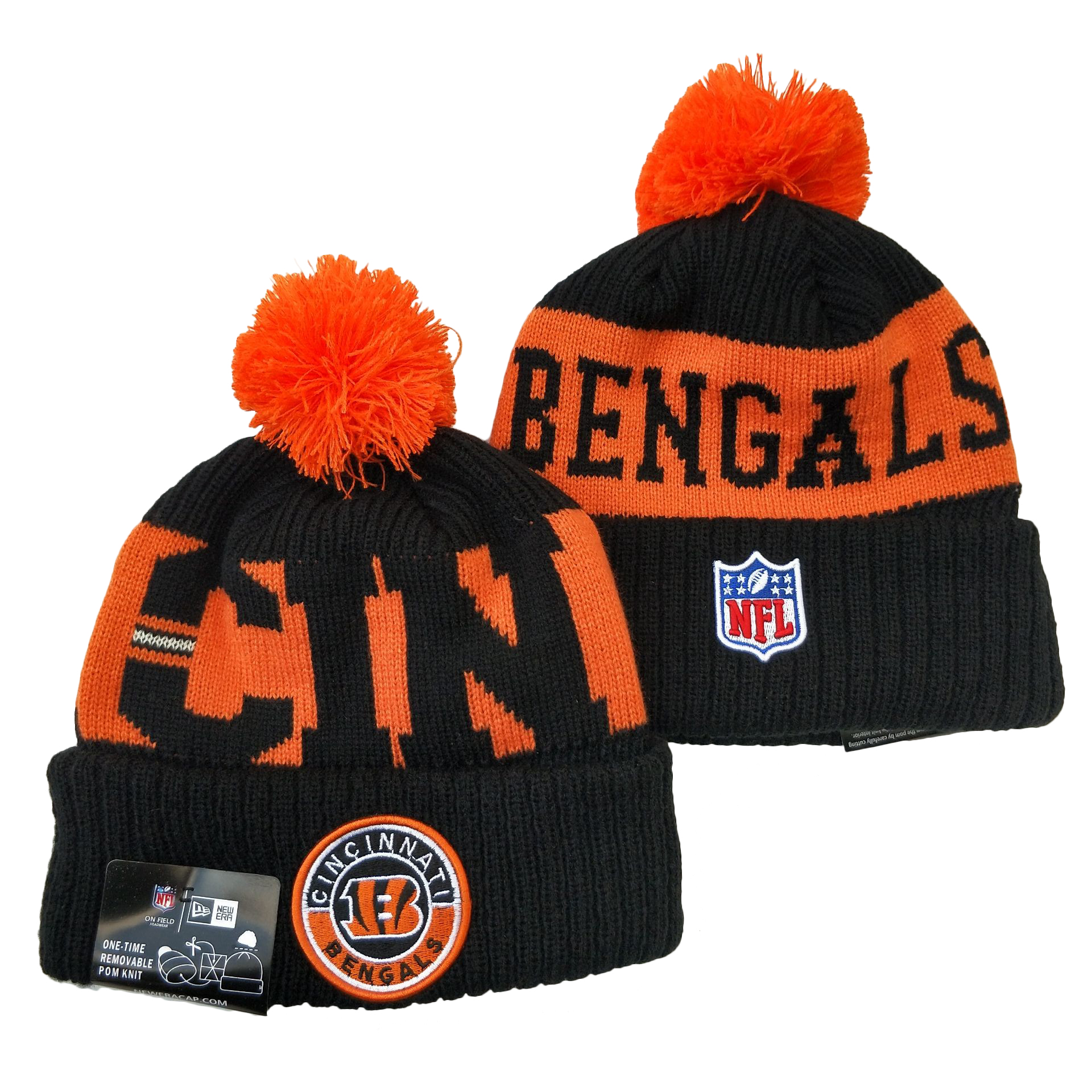 Bengals Team Logo Black Orange 2020 NFL Sideline Pom Cuffed Knit Hat YD