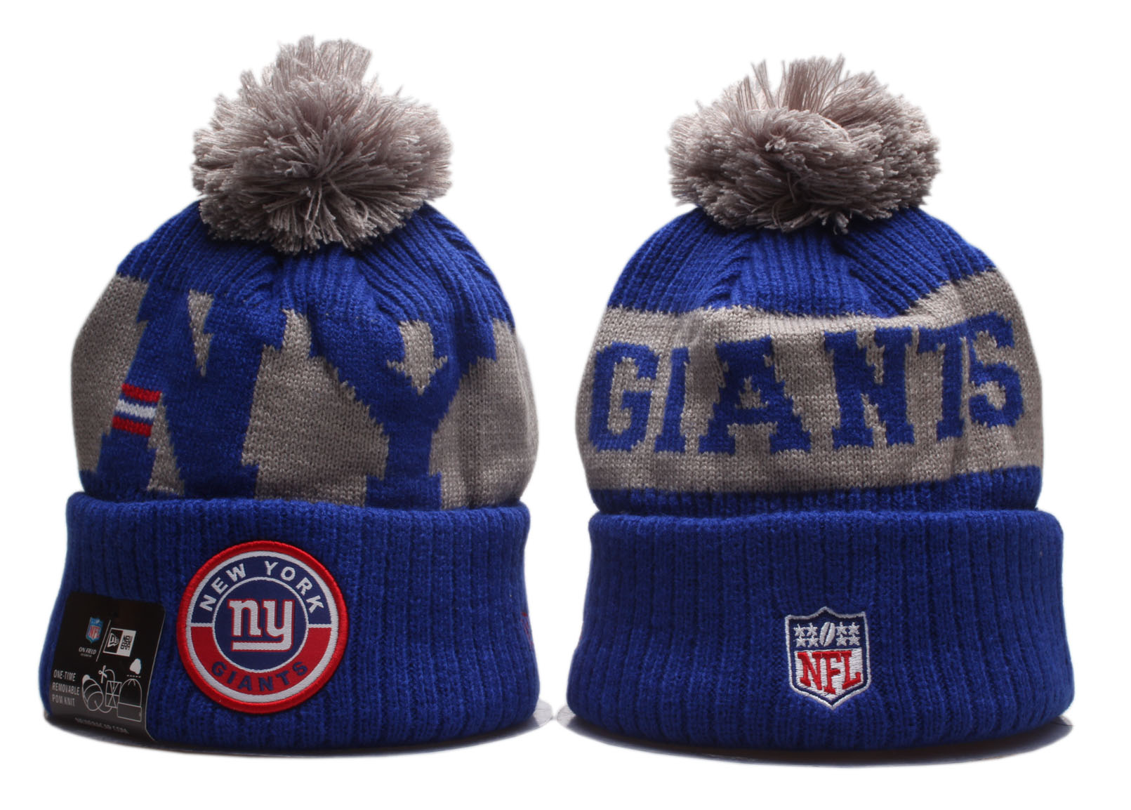 New York Giants Team Logo Royal 2020 NFL Sideline Pom Cuffed Knit Hat YP - Click Image to Close