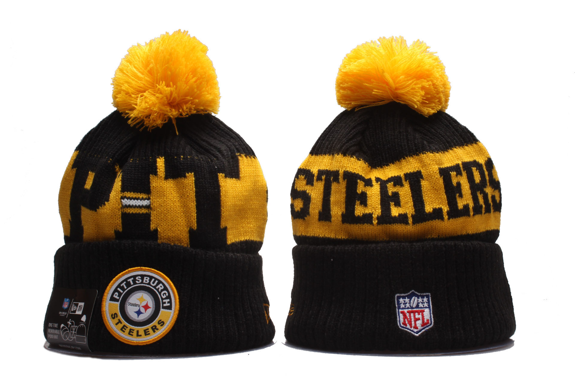 Steelers Team Logo Black Yellow 2020 NFL Sideline Pom Cuffed Knit Hat YP
