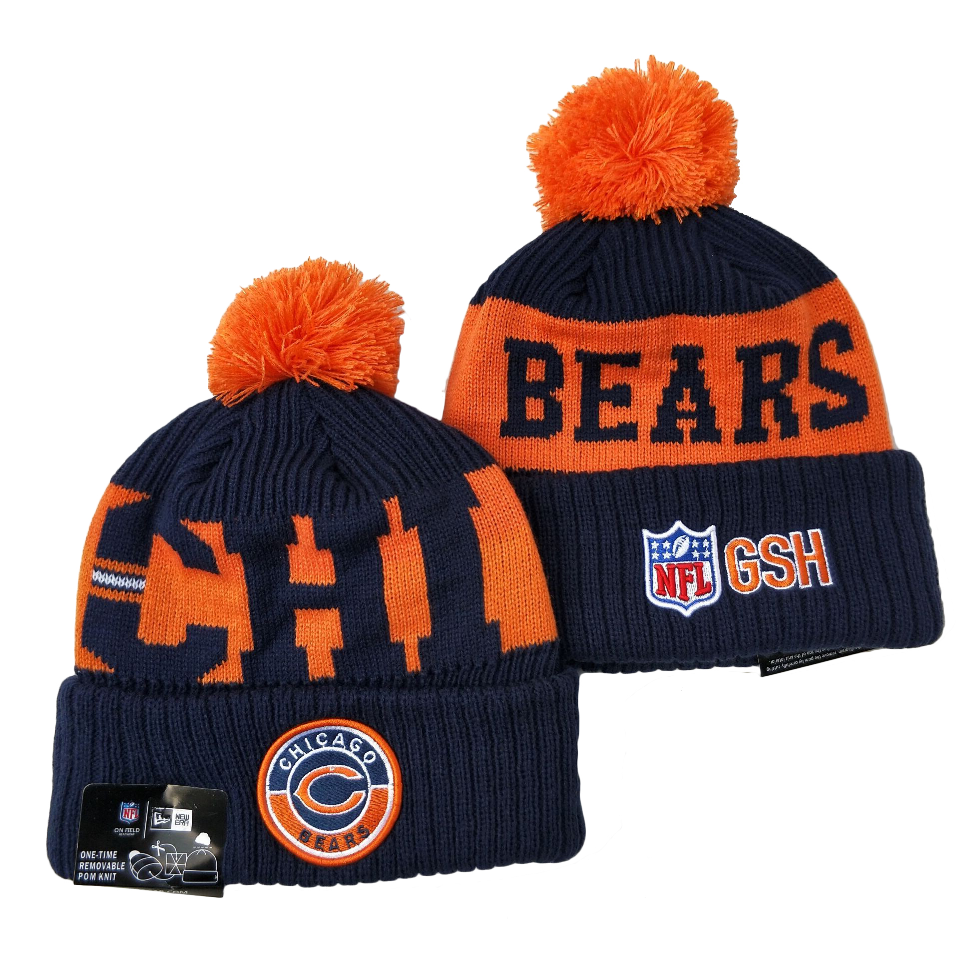 Bears Team Logo Navy Orange 2020 NFL Sideline Pom Cuffed Knit Hat YD - Click Image to Close