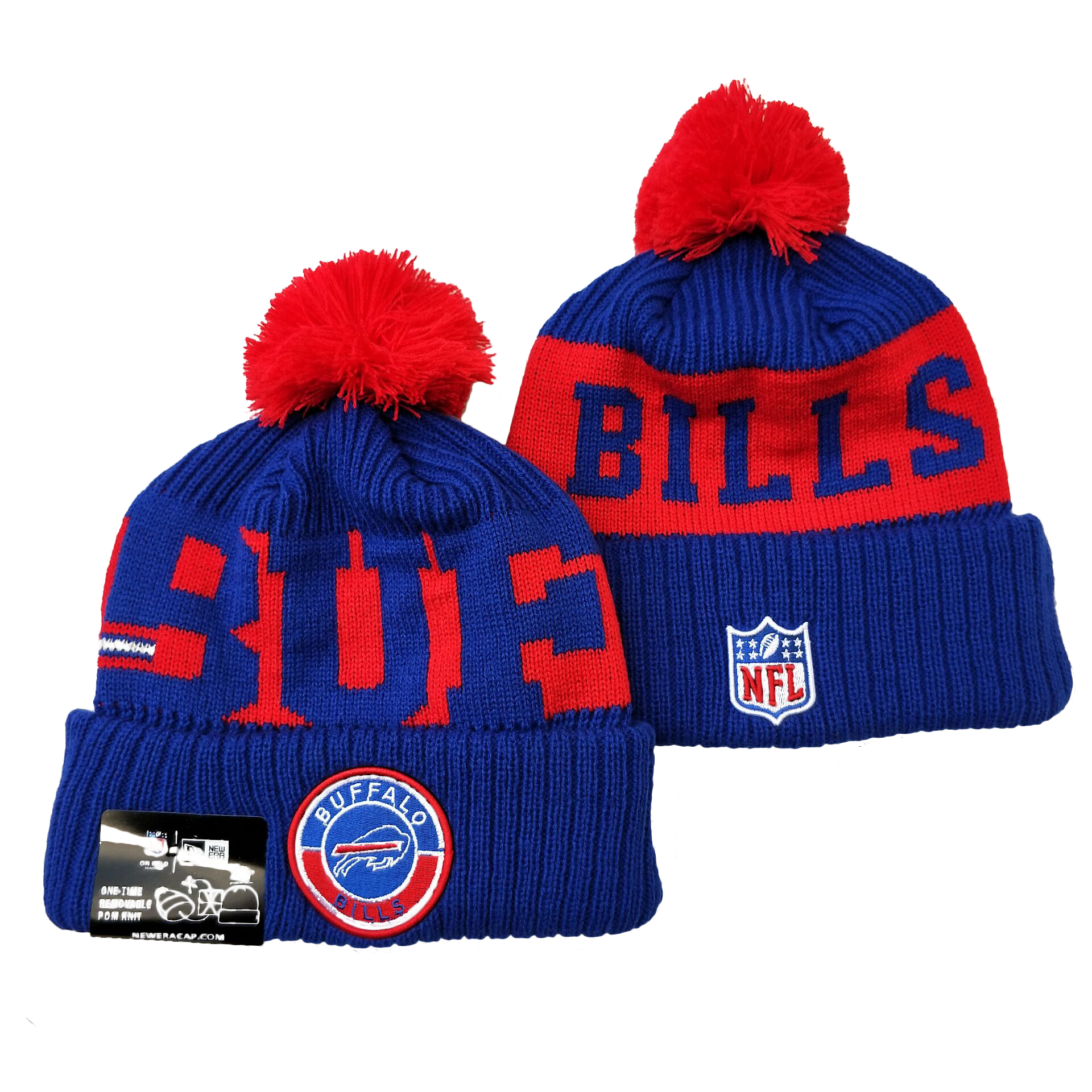 Bills Team Logo Royal Red 2020 NFL Sideline Pom Cuffed Knit Hat YD - Click Image to Close