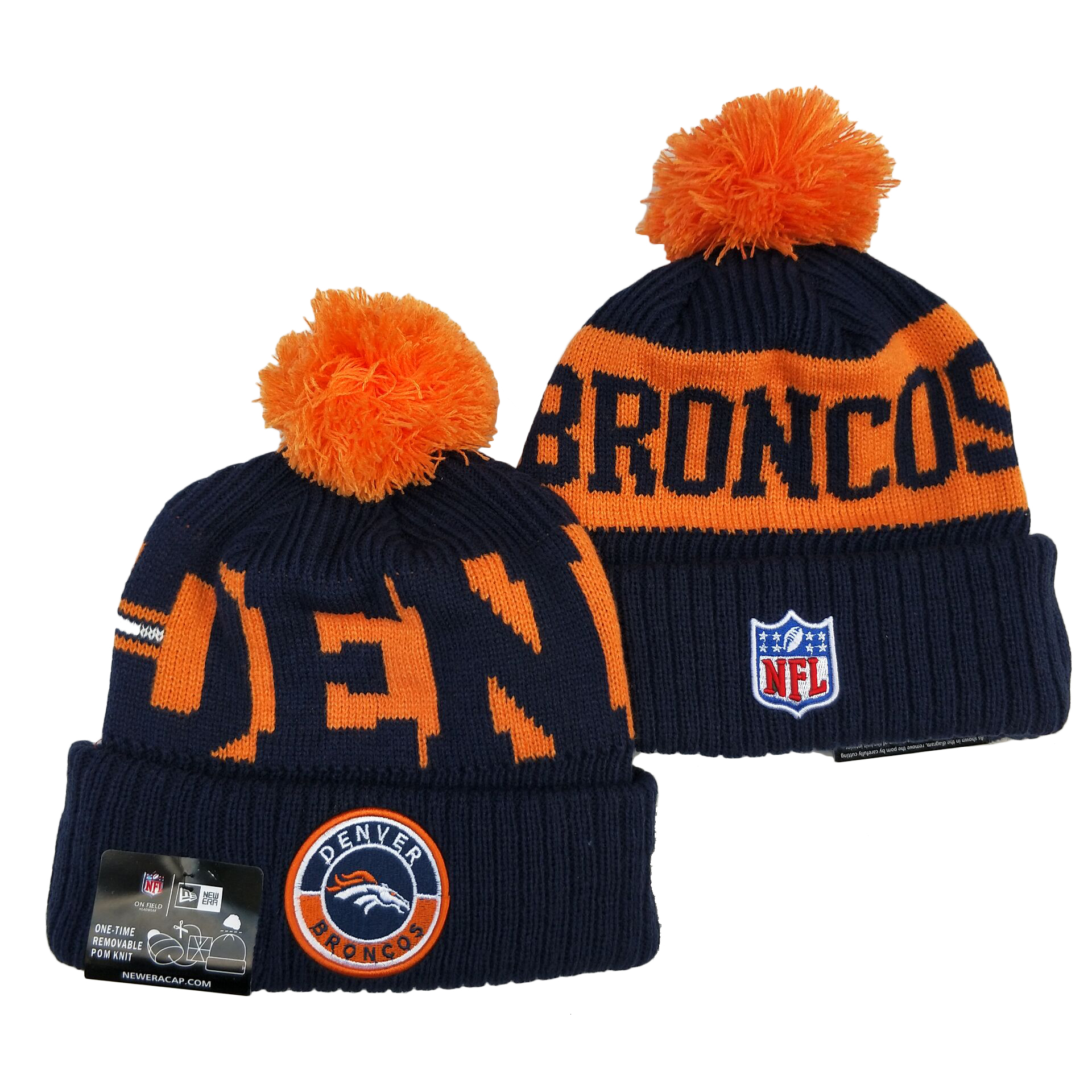 Broncos Team Logo Navy Orange 2020 NFL Sideline Pom Cuffed Knit Hat YD