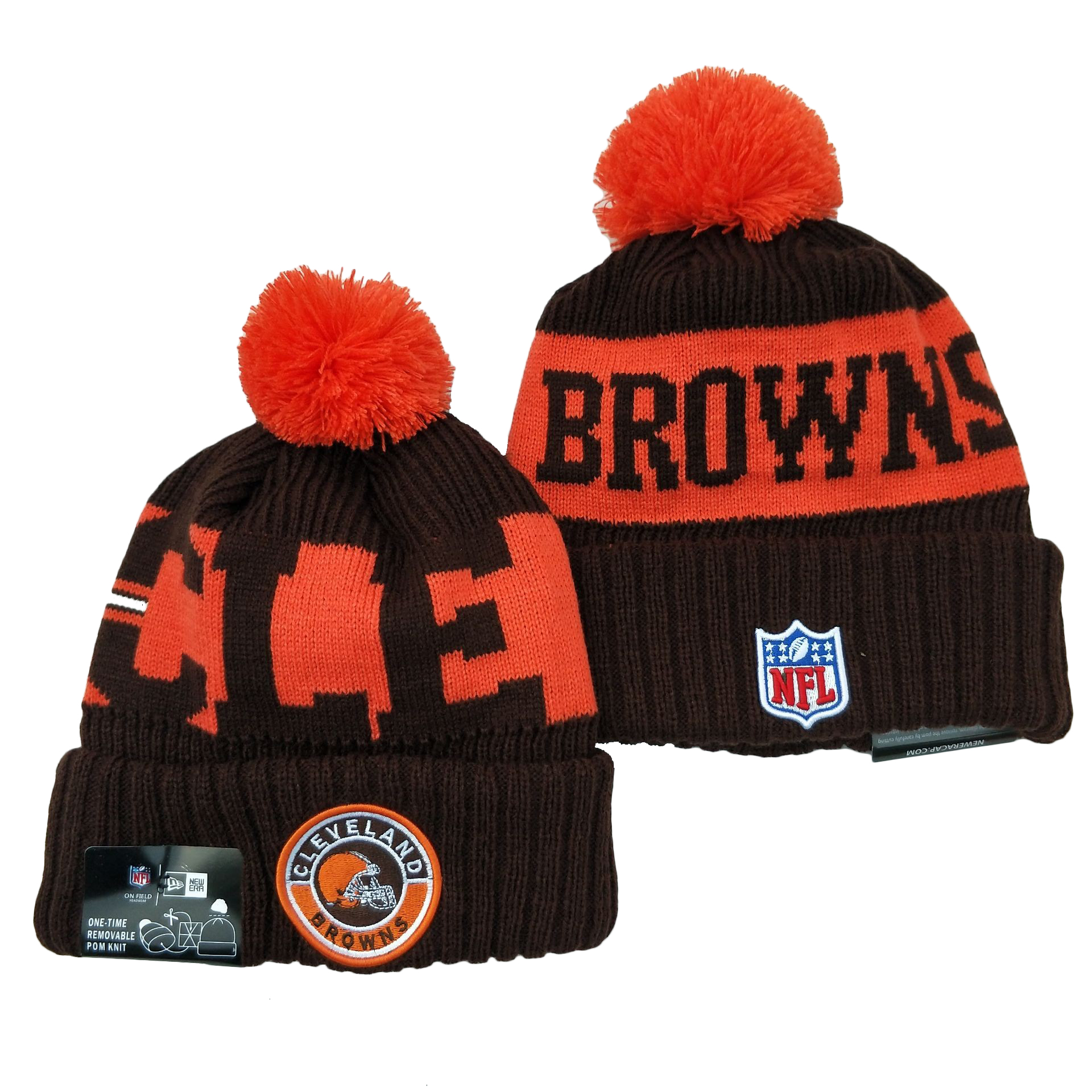 Browns Team Logo Brown 2020 NFL Sideline Pom Cuffed Knit Hat YD - Click Image to Close