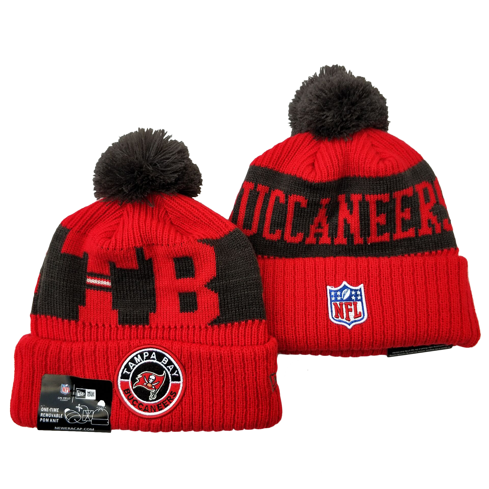 Buccaneers Team Logo Red 2020 NFL Sideline Pom Cuffed Knit Hat YD - Click Image to Close