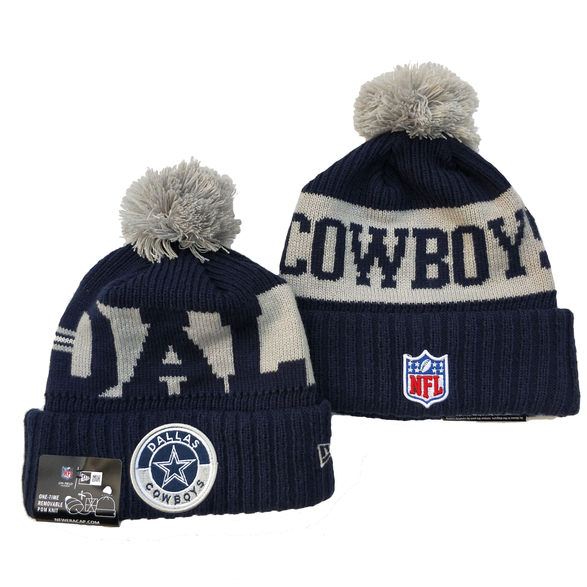 Cowboys Team Logo Navy 2020 NFL Sideline Pom Cuffed Knit Hat YD