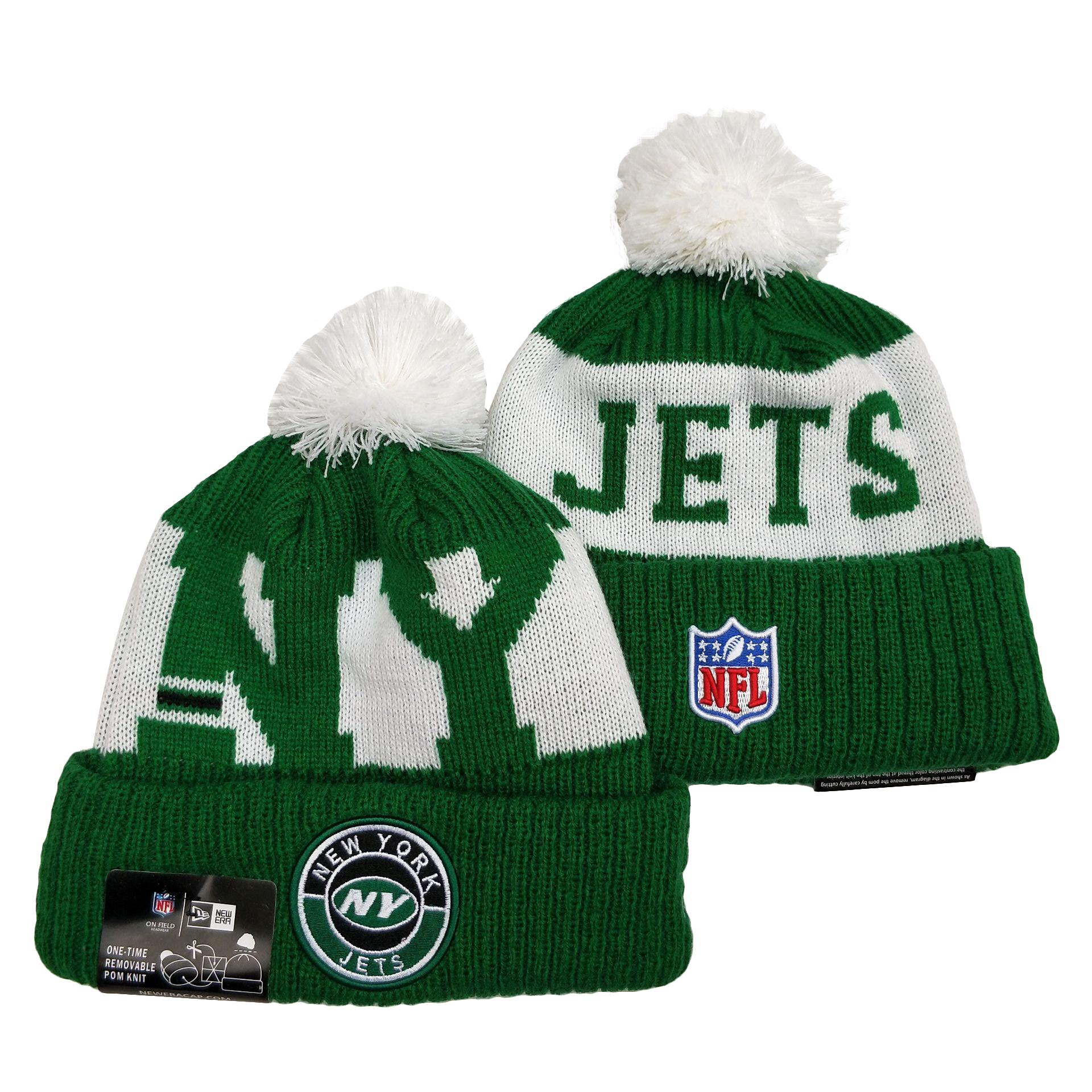 Jets Team Logo Green White 2020 NFL Sideline Pom Cuffed Knit Hat YD - Click Image to Close