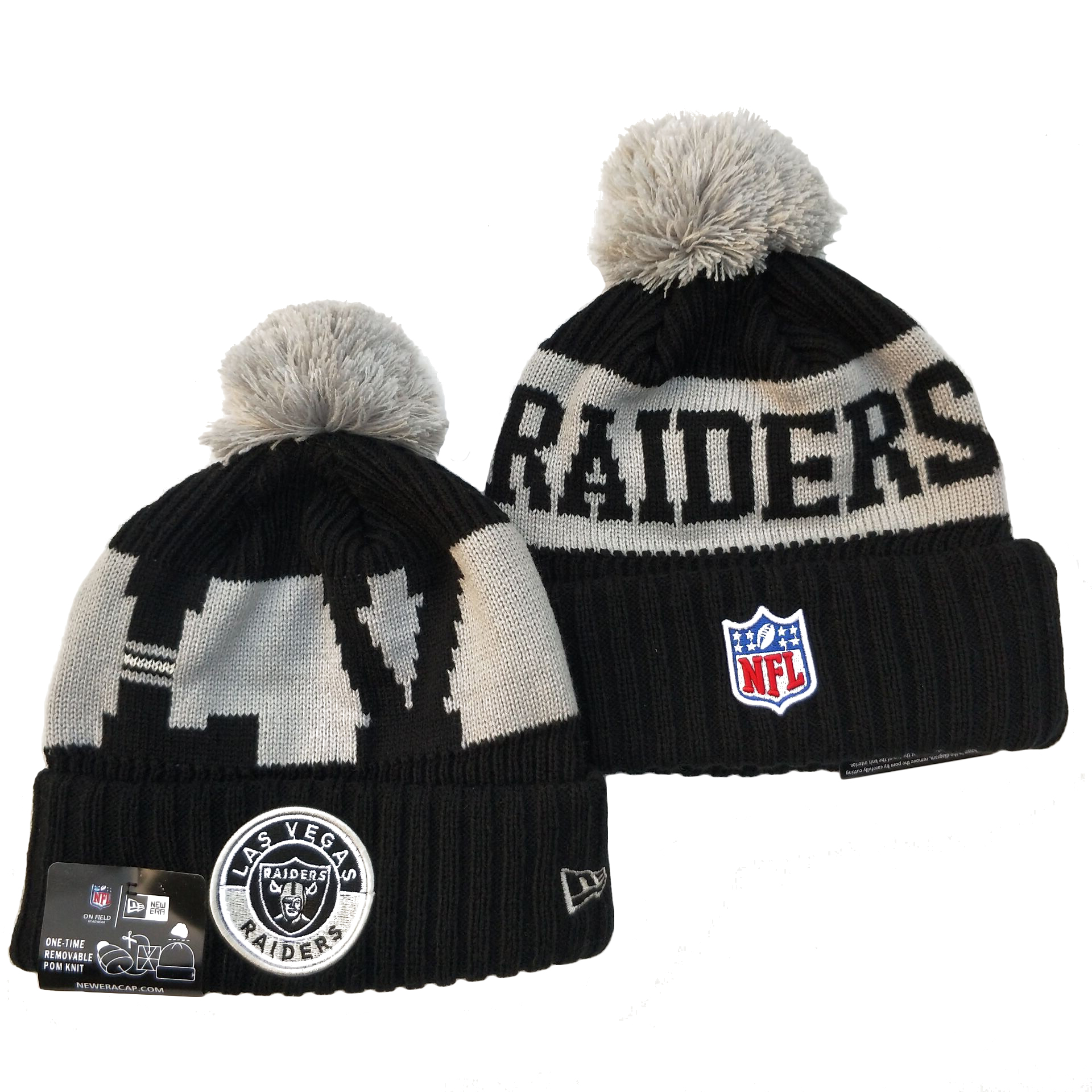 Raiders Team Logo Black 2020 NFL Sideline Pom Cuffed Knit Hat YD