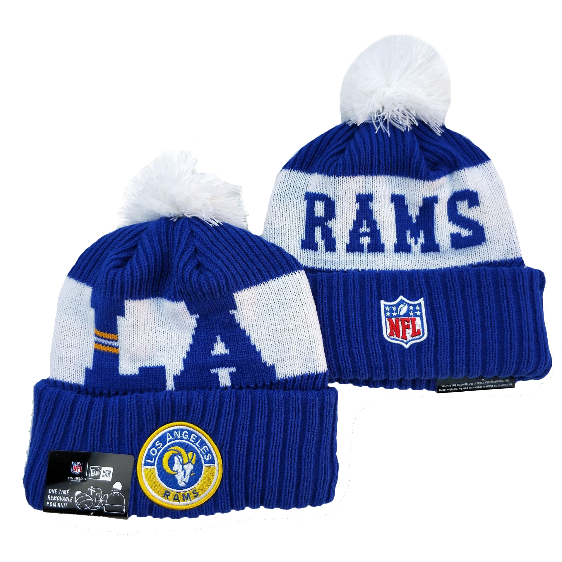 Rams Team Logo Royal 2020 NFL Sideline Pom Cuffed Knit Hat YD - Click Image to Close