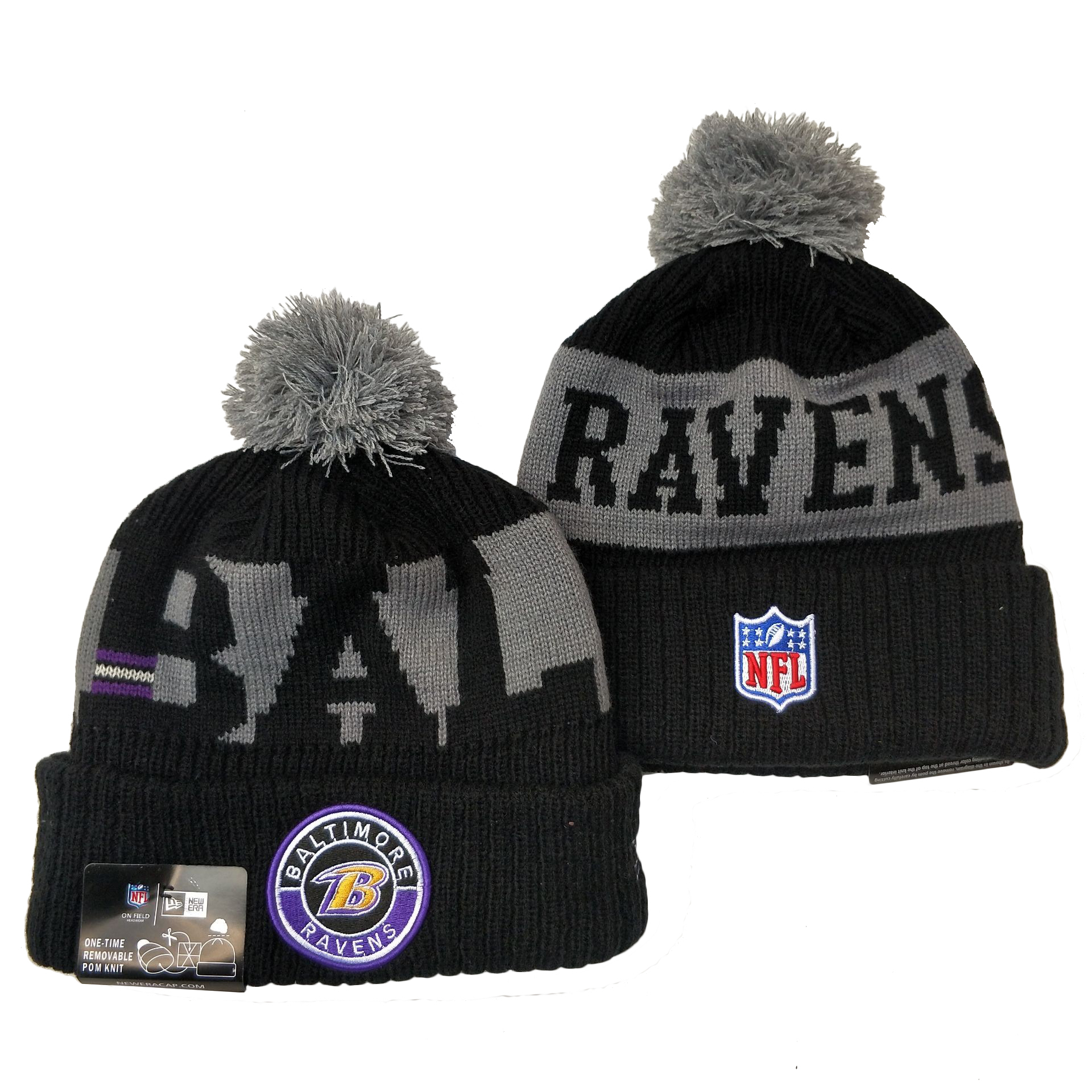Ravens Team Logo Black 2020 NFL Sideline Pom Cuffed Knit Hat YD