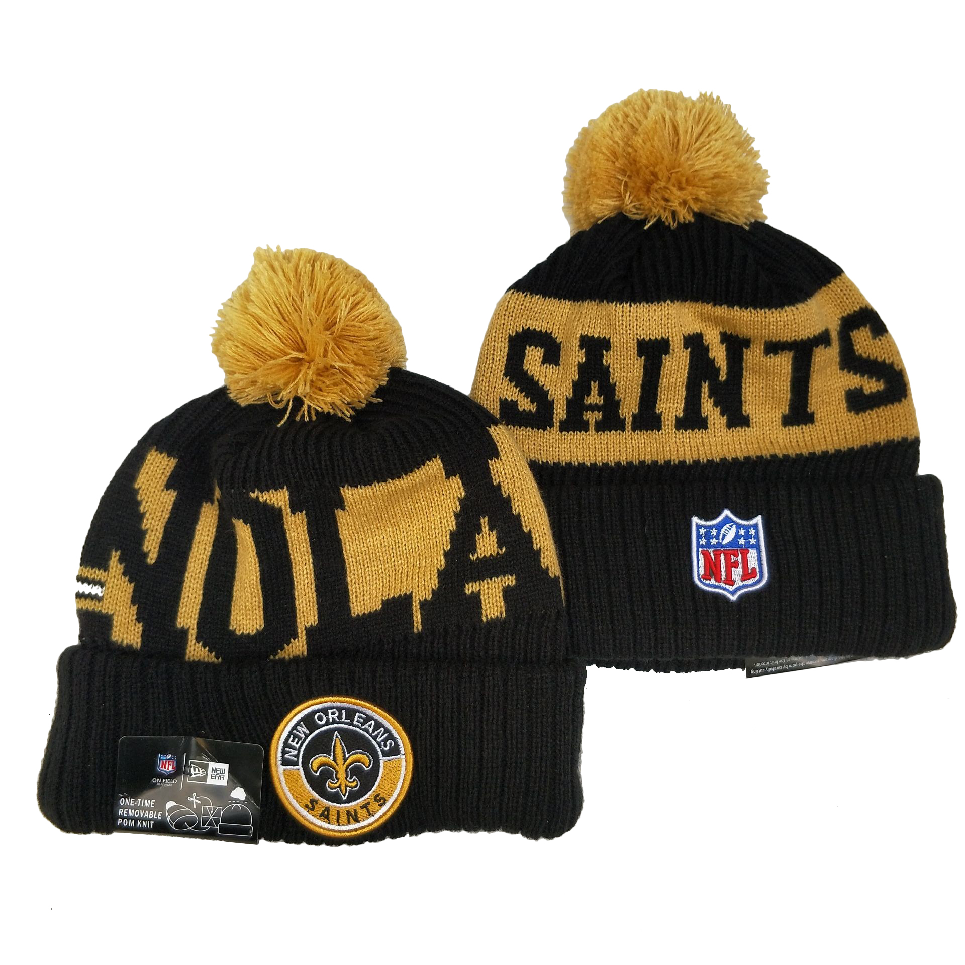 Saints Team Logo Black Yellow 2020 NFL Sideline Pom Cuffed Knit Hat YD