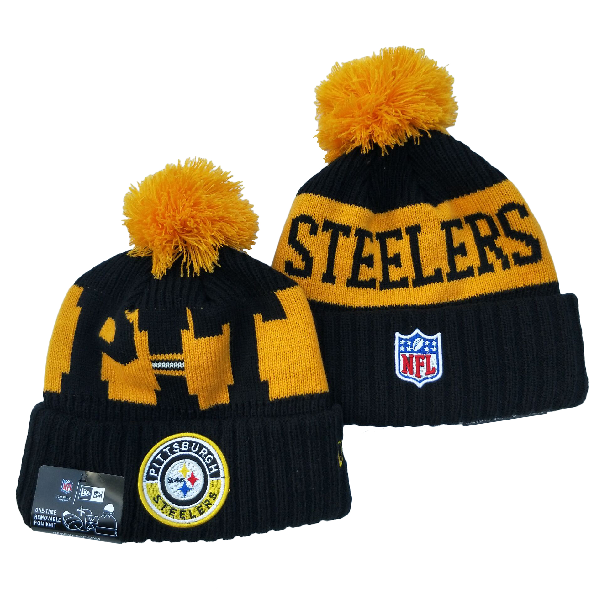 Steelers Team Logo Black Yellow 2020 NFL Sideline Pom Cuffed Knit Hat YD