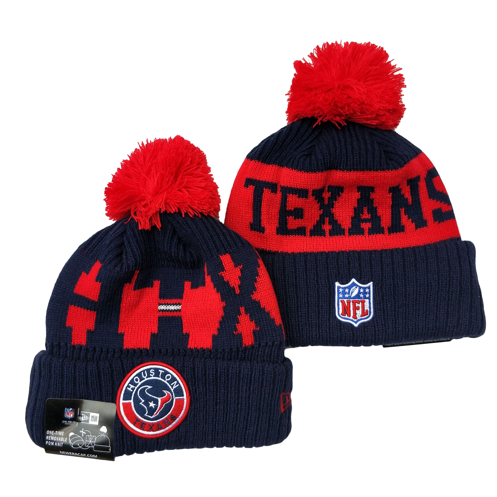 Texans Team Logo Navy Red 2020 NFL Sideline Pom Cuffed Knit Hat YD - Click Image to Close