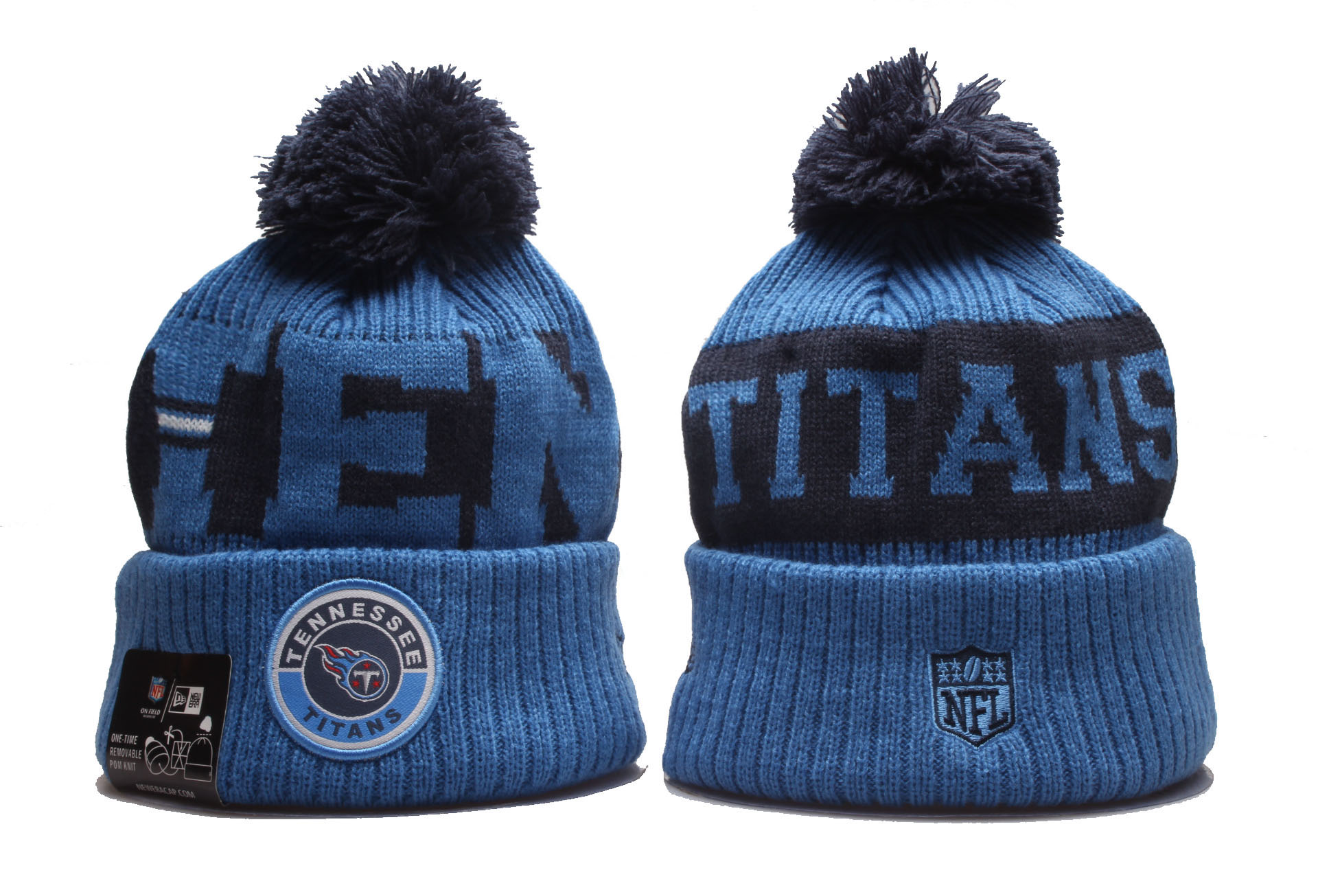 Titans Team Logo Blue 2020 NFL Sideline Pom Cuffed Knit Hat YP - Click Image to Close