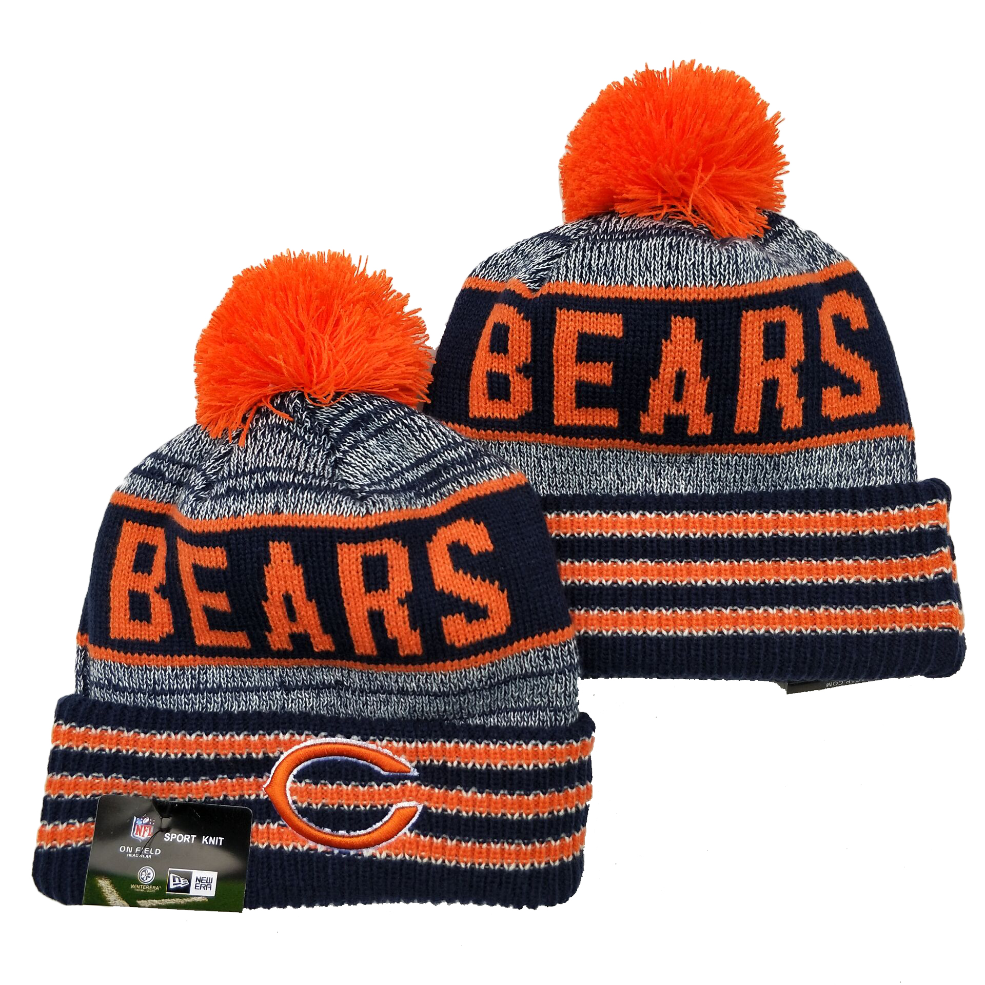 Bears Team Logo Navy Orange Pom Cuffed Knit Hat YD - Click Image to Close