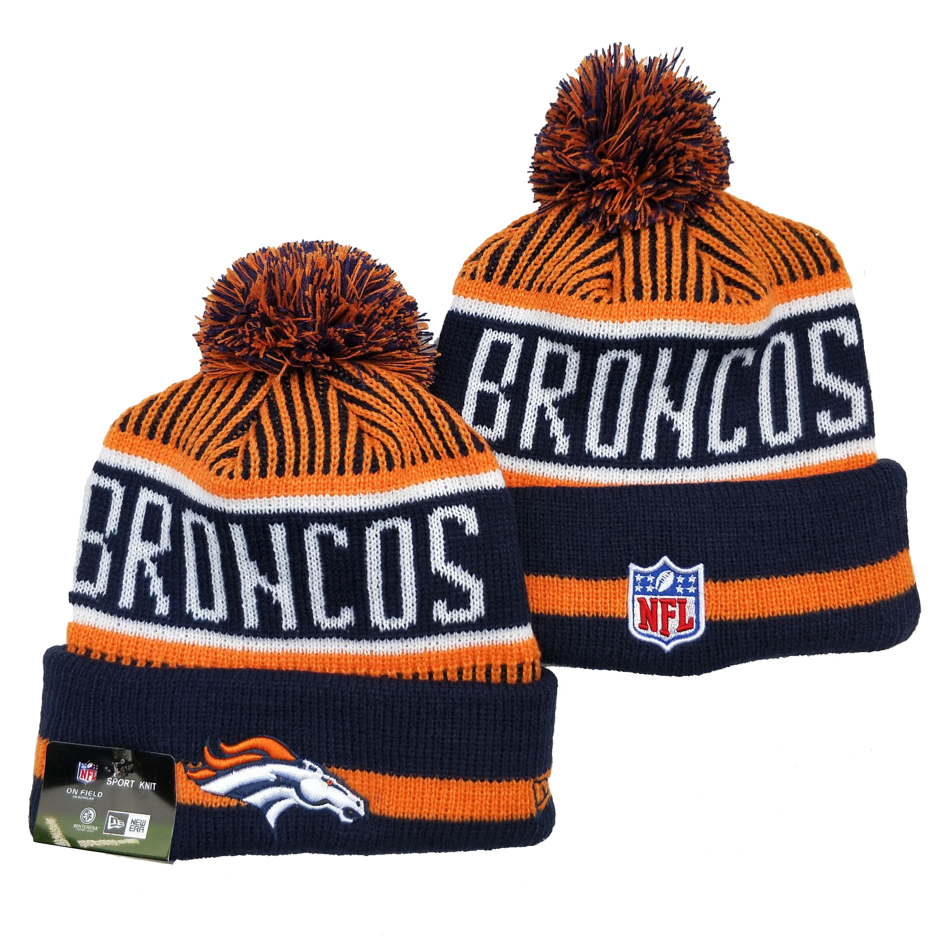 Broncos Team Logo Navy Orange Pom Cuffed Knit Hat YD - Click Image to Close