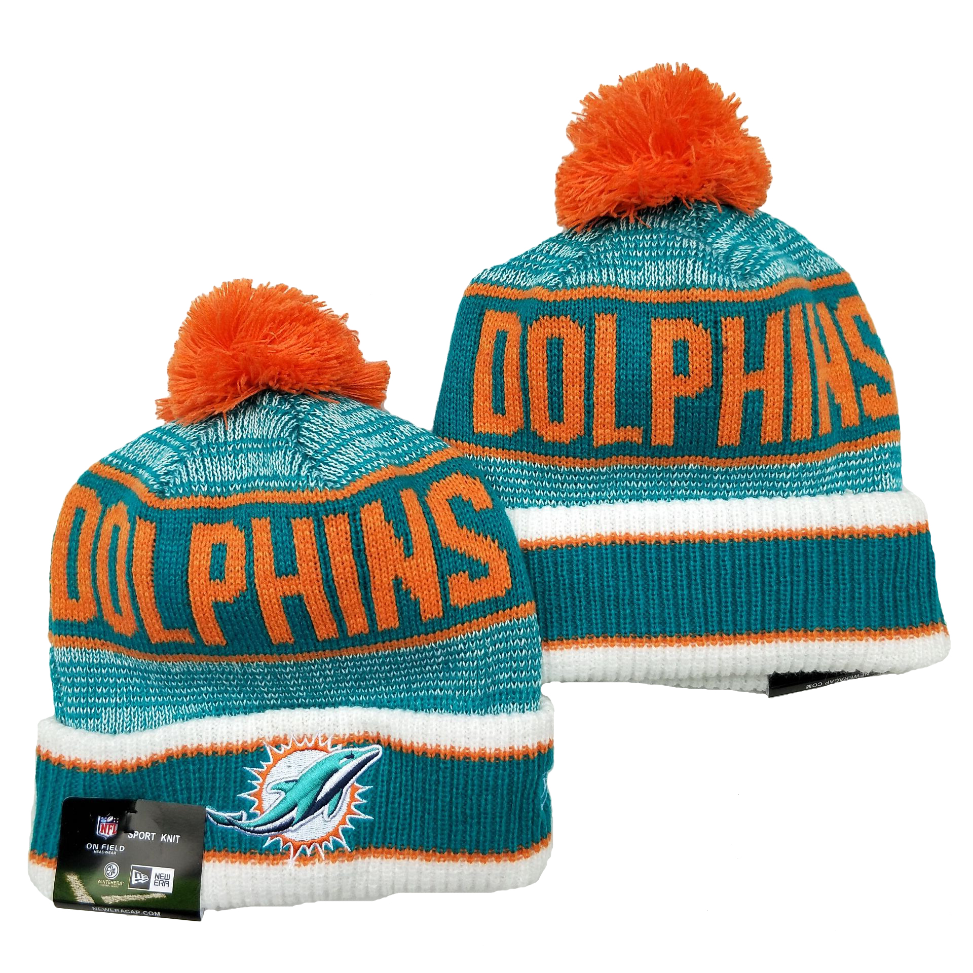 Dolphins Team Logo Aqua Pom Cuffed Knit Hat YD - Click Image to Close