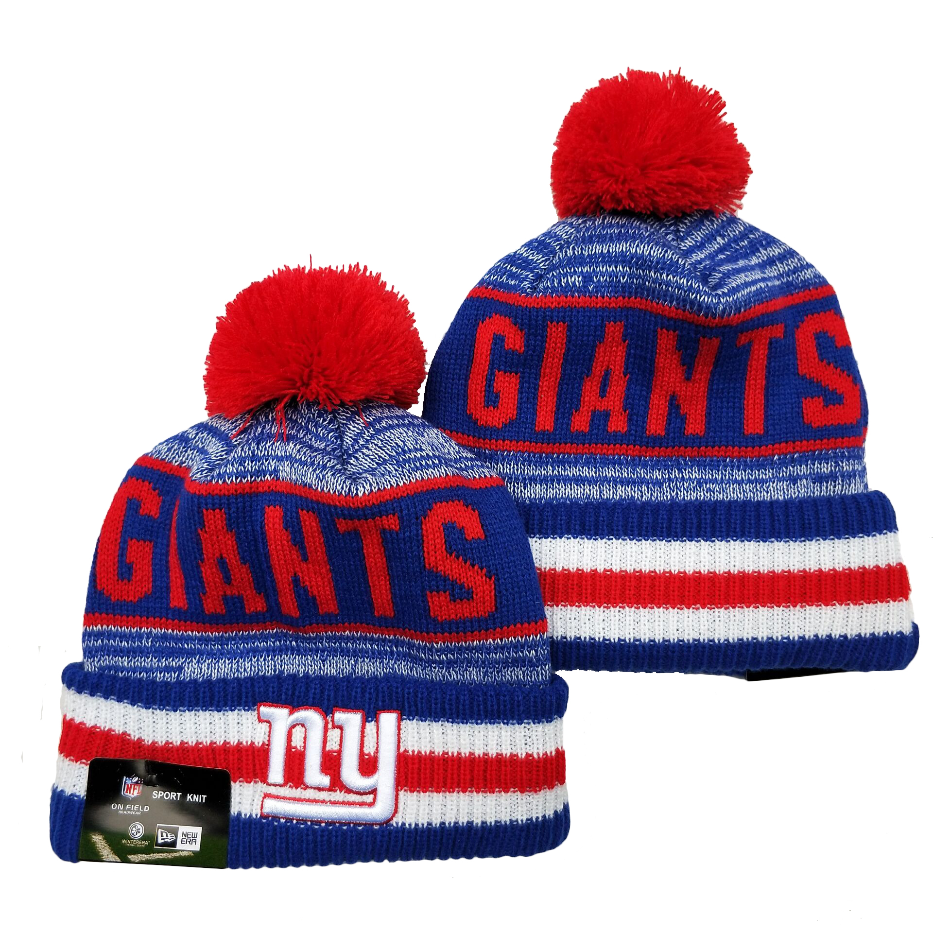 New York Giants Team Logo Royal Red Pom Cuffed Knit Hat YD - Click Image to Close