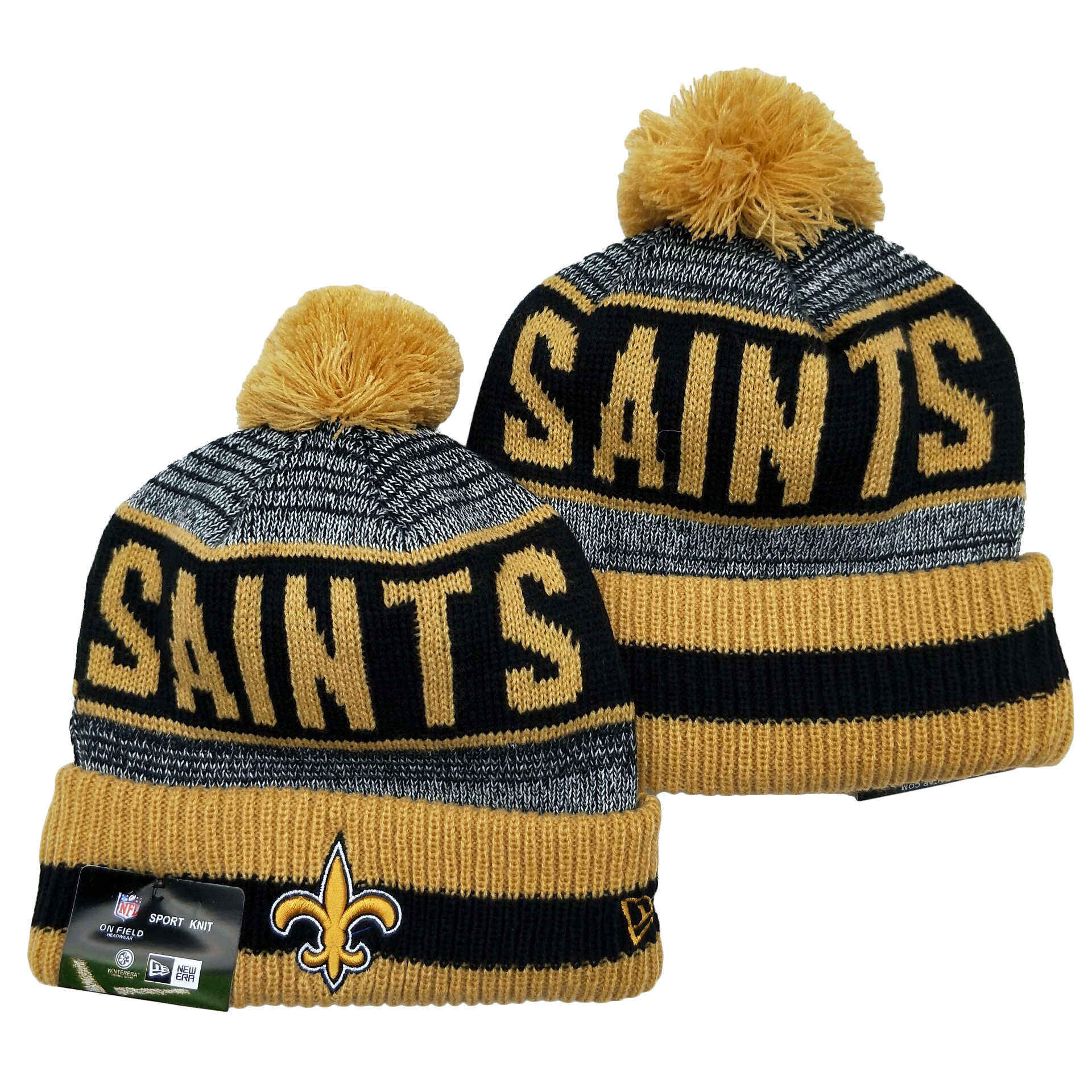 Saints Team Logo Gray Cream Pom Cuffed Knit Hat YD - Click Image to Close
