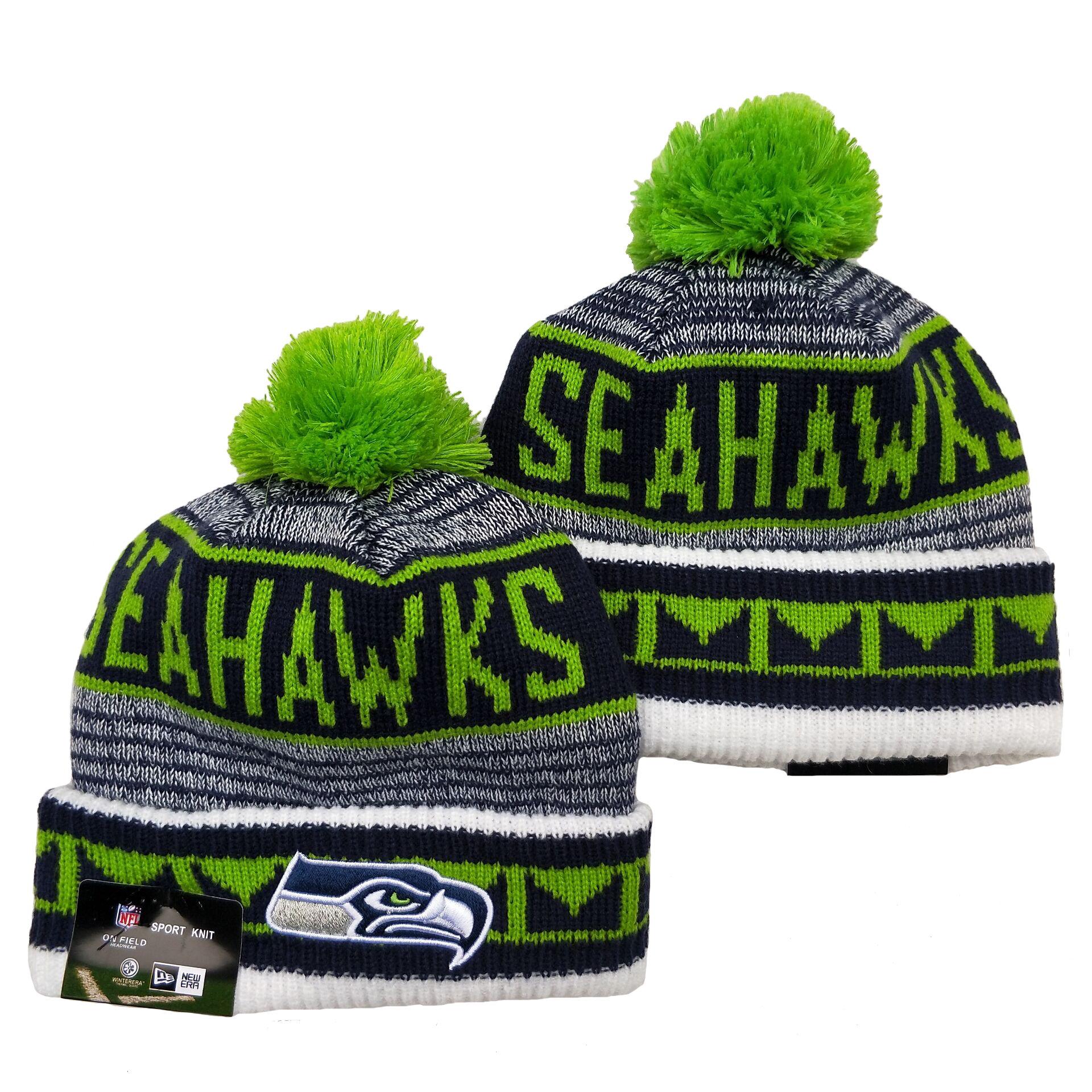 Seahawks Team Logo Gray Green Pom Cuffed Knit Hat YD