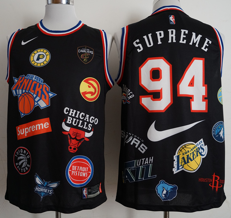 Supreme x Nike x NBA Logos Black Stitched Basketball Jersey - Click Image to Close