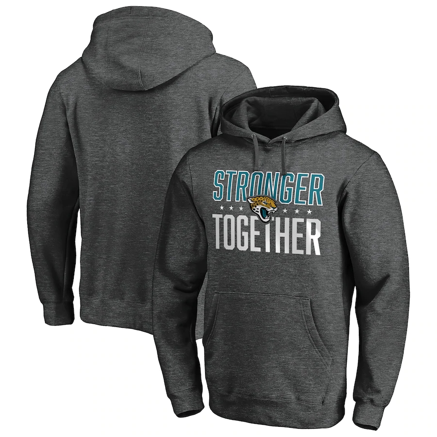 Jacksonville Jaguars Heather Gray Stronger Together Crossover Neck Pullover Hoodie - Click Image to Close