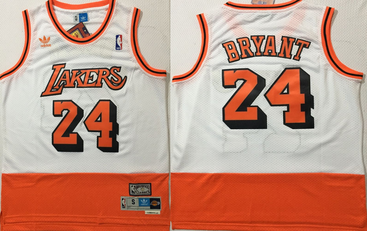 Lakers 24 Kobe Bryant White Orange Split Hardwood Classics Jersey - Click Image to Close
