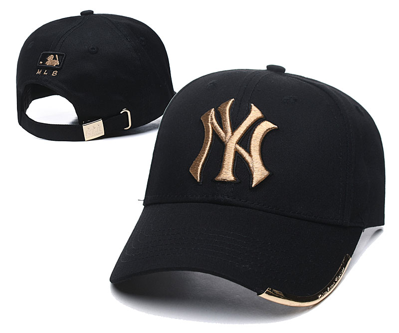 Yankees Team Gold Logo Black Peaked Adjustable Hats TX
