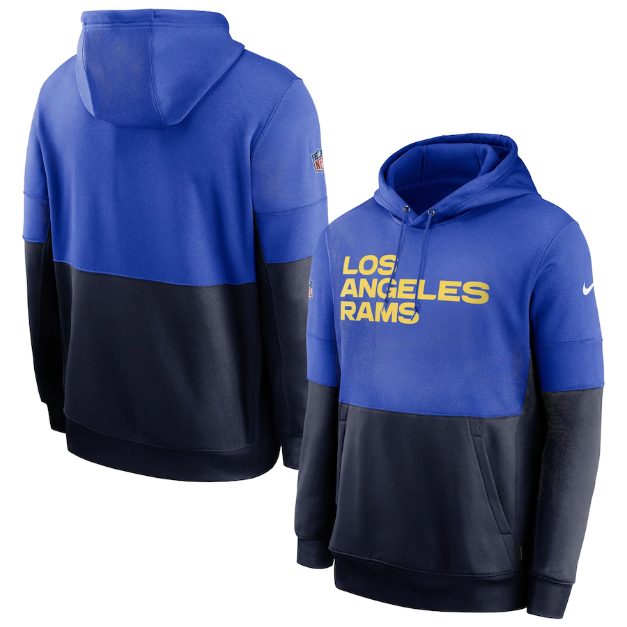 Men's Los Angeles Rams Nike Royal Navy Sideline Impact Lockup Performance Pullover Hoodie - Click Image to Close