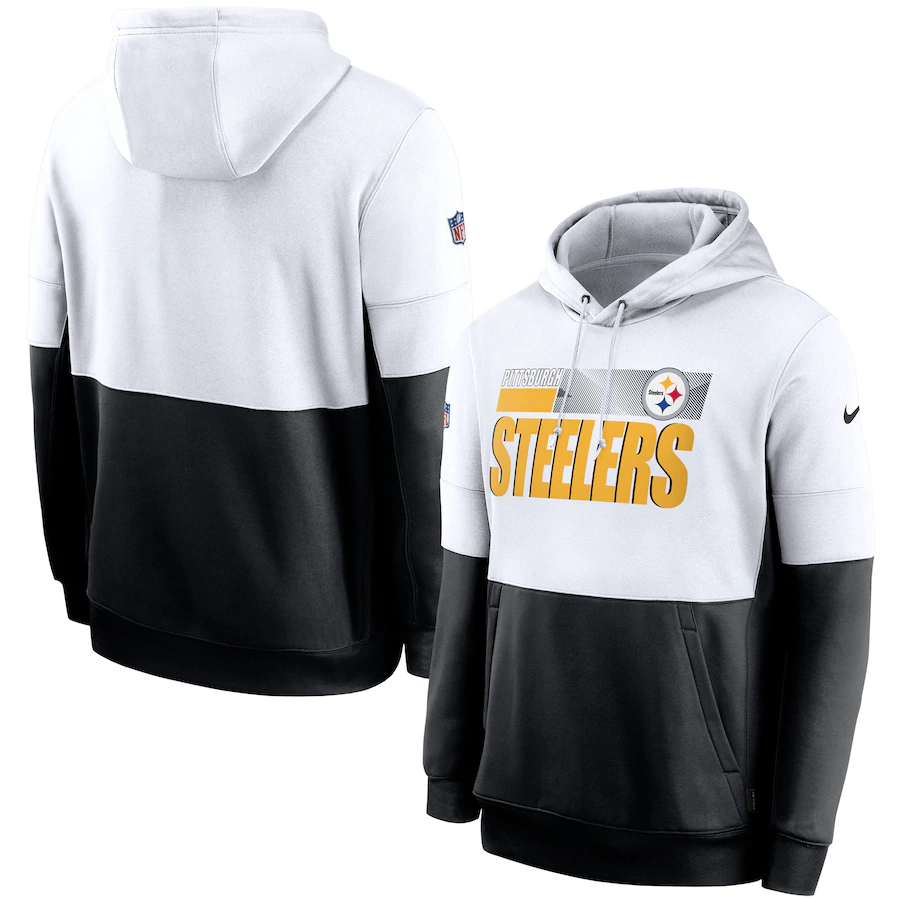 Men's Pittsburgh Steelers Nike White Black Sideline Impact Lockup Performance Pullover Hoodie - Click Image to Close